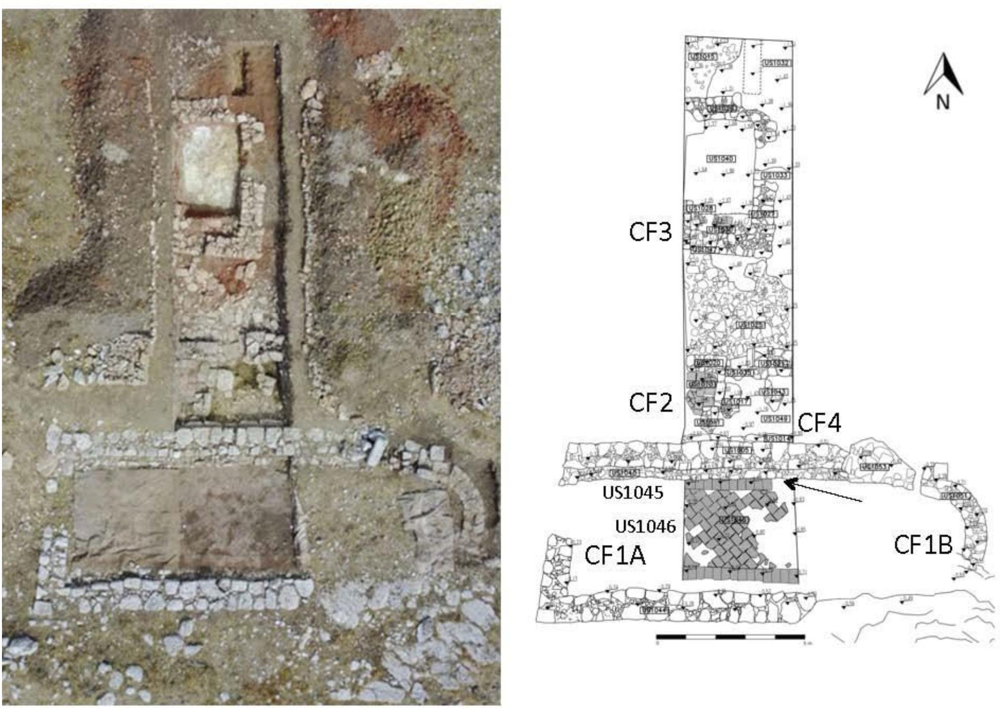 Fig. 8. Monte Kassar, Int. 11. Excavations inside and to north of the church in 2017: overhead drone photo (left) and plan. The arrow marks the point at which the under-floor sequence was investigated (see text) (Orecchioni and Ciccone).  At the start of the current project in 2014, a geophysical survey by Helen Goodchild showed a group o anomalies to the north of the extant church building (MK Int. 2). A long dark anomaly showed alongside the north wall of the church, and a rectilinear anomaly (approximately 3 x 2m) extended northwards from this. Othe’ anomalies showed north of the church2°. These anomalies (termed positive) would normally be attributed tc ditches or pits or fired material. In this case, since the anomalies coincide with the excavated walls they woul seem to indicate extensive burning. At the north end details were obscured by the strong dipolar effect due tc the steel fencing along the fortress wall. 