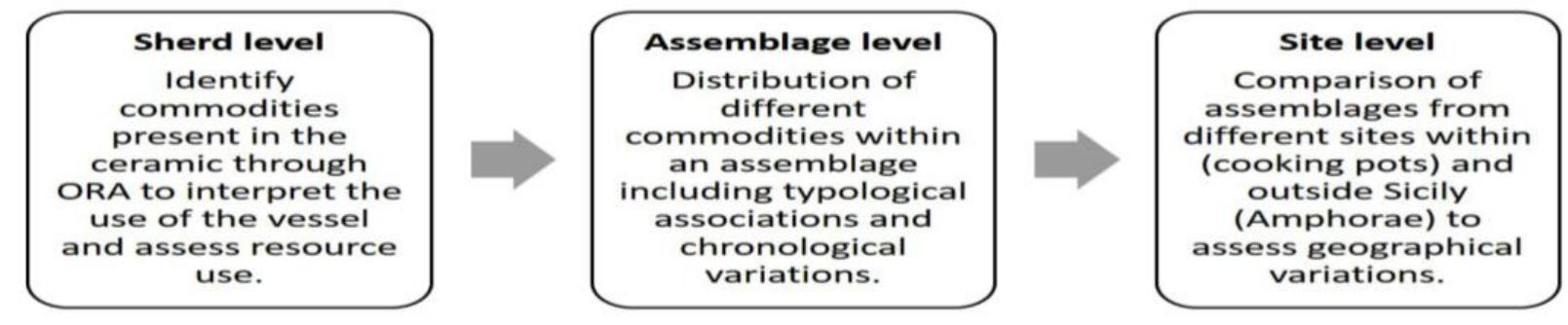 Fig. 14. Organic residue analysis: trajectory of interpretation (Drieu, Lundy).  have gathered various commodities currently grown in Sicily: meat, fish, dairy products, wine, olive oil, leafy vegetables and cereals in order to identify biomarkers of these products and to measure their isotopic values. We have also carried out experiments that involve cooking and storing these commodities in experimental pots to understand the absorption mechanisms that occur during mixing, cooking and storing processes. Finally, fragments of these experimental pots have been buried to determine the kind of decay product likely to result from burial in selected micro-environments.  ome ek te ti‘“(‘(;C#w!t”tC CO i ea se Oe Oh OB CE ee ee ei LB Re ce kee. OU OO a eae  Sarver — A. Molinari — V. Aniceti — C. Capelli — F. Colangeli — L. Drieu — G. Fiorentino — F. Giovannini — M. Hummer — J. Lundy — A. Meo — £ mereau — P. Orecchioni — M. Primavera — A. Ughi e SICILY IN TRANSITION — New research on early medieval Sicily, 2017-2018 