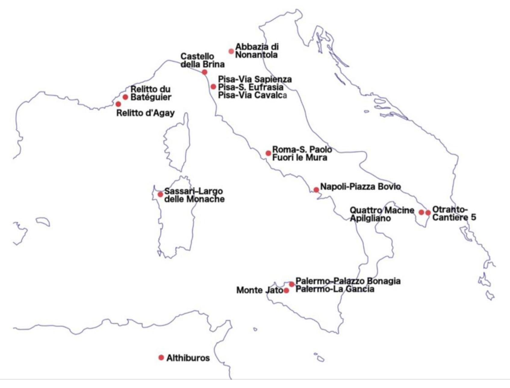 The investigation aims at identifying homogeneous groups of fabrics that can be correlated with specific production areas or centres and at comparing the movement of amphorae, as indicated by their fabric, with the nature of their contents as determined by biomolecular analysis (see Drieu below). The results of this analysis for the amphorae originating in Palermo sampled in a number of sites (in Provence, Tunisia, Sardinia, Pisa and  Naples) have endorsed the central role played by Palermo in the Mediterranean trade during the 10" and 11! rantiiriac  Fig. 20. Map showing sites sampled for determining the provenience of amphorae from their fabric (Orecchioni). 