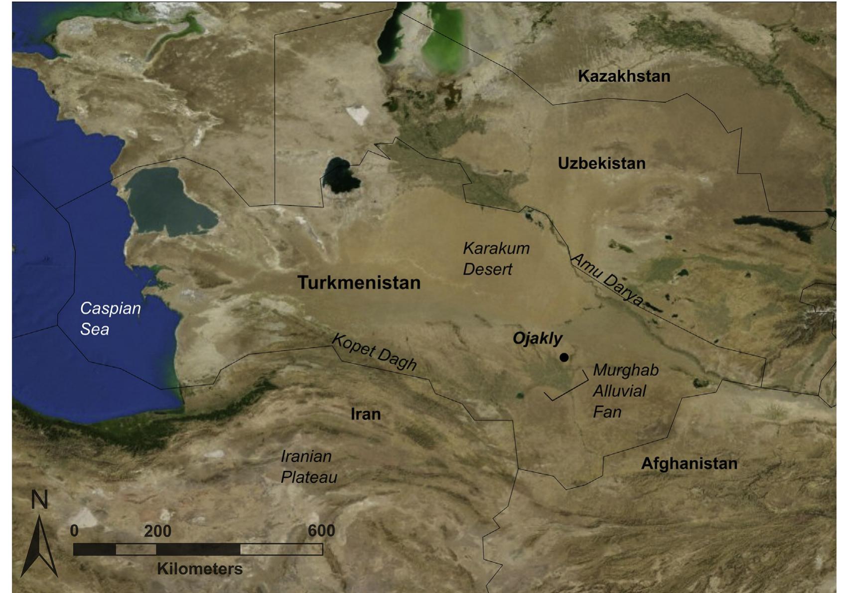 Fig. 1. Geographical context of the research area, including the site of Ojakly discussed in the text (basemap: ESRI World Imagery). 
