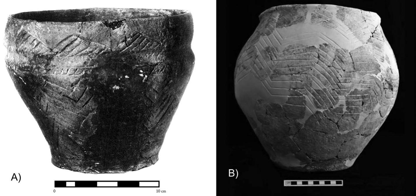 Fig. 2. Examples of “nomadic jars” from later Bronze Age Murghab contexts. A) Complete steppe vessel found during excavation at Takhirbai 3 (Sarianidi, 1975, Figure 4). B) Reconstructed vessel from sherds found during excavations at Chopantam (reconstruction and photograph by Luana Cenci, Joint Mission 2006).  Table 1  Summary of the differences attributed to the three ware types that characterize the Bronze Age Murghab region: wheel-shaped fine ware and “kitchen coarseware” of the Namazga ceramic tradition associated with sedentary farming communities, and handmade coarseware associated with mobile pastoralist groups. References: 1: Cattani, 2008b, 141-143; 2: Hiebert, 1994, 41-58, 61-62; 3: Hiebert and Moore, 2004, 294-296; 4: Kutimov, 1999, 320-322; 5: P'yankova, 1989, 28-47; 6: P'yankova, 1993, 115-117; 7: Sarianidi, 1975, 20-25.  Comparison of characteristics of different ware types in the Bronze Age Murghab 
