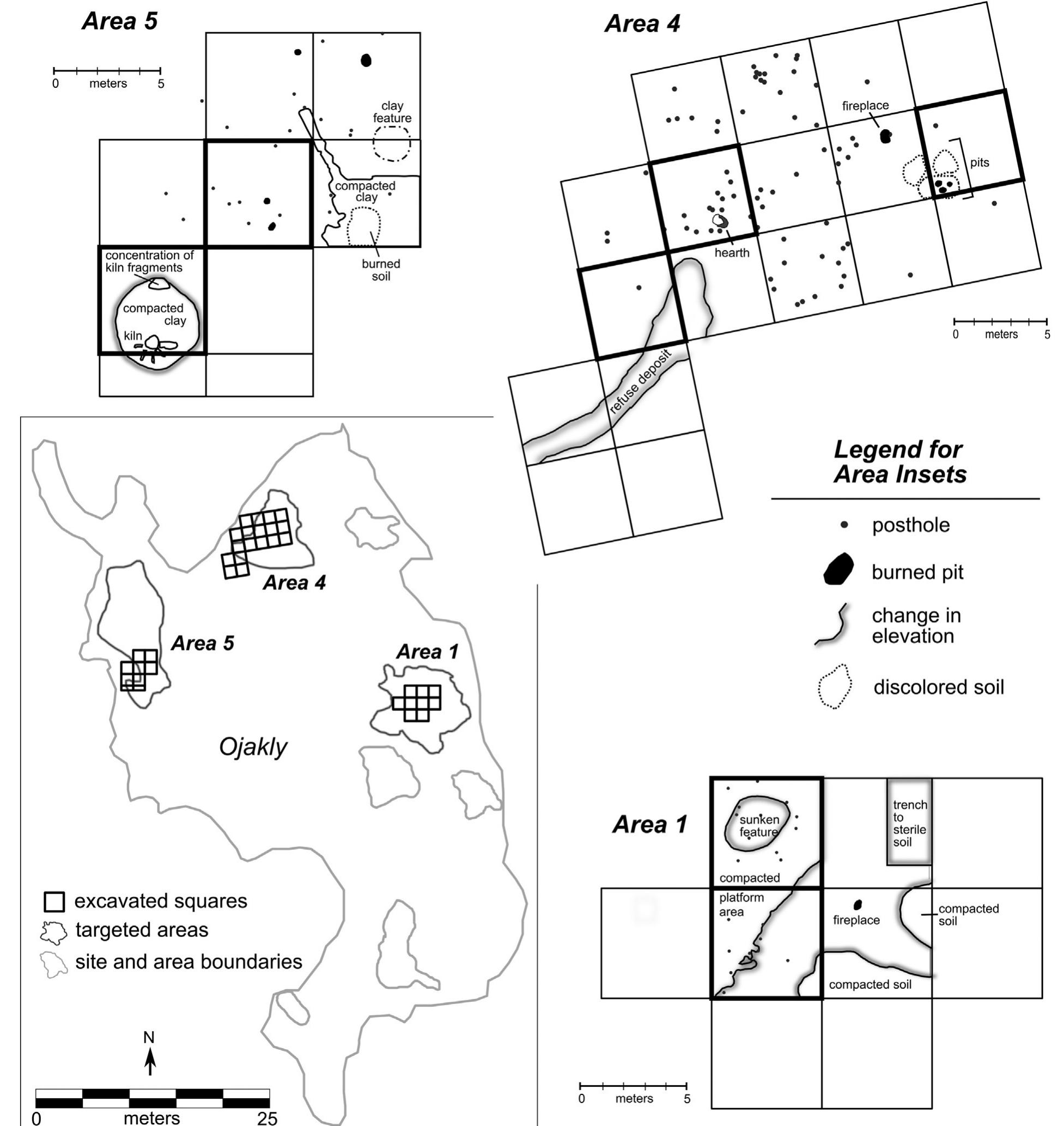 Fig. 3. Pastoralist site of Ojakly in the northeastern Murghab alluvial fan. Insets show the three excavated areas. 5 X 5m squares with darkened borders indicate units that provided ceramics for the analysis presented here. 