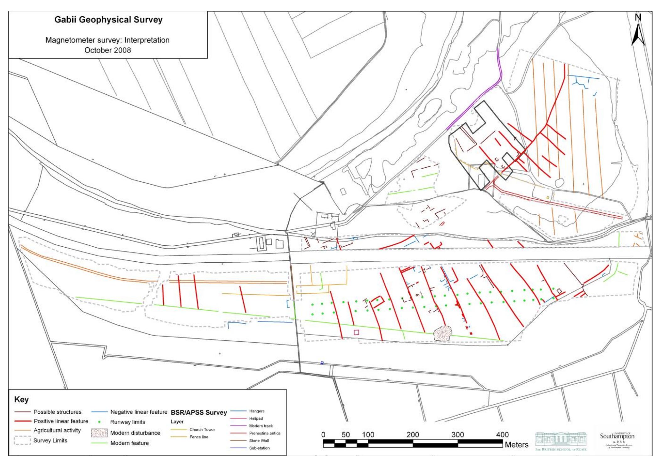 Fig. 1. The interpreted results of the magnetometry survey carried out at Gabii in 2007-2008. The solid black line indicates the limits of the Gabii Project excavation site (GPR; modified after BECKER et al. 2009: 635 fig. 6).  earliest wave of urban formation in central Italy, to which Gabii belonged?, produced almost exclusively irregular urban fabrics, probably as a result of the slow agglomeration process of these settlements’. Like Rome itself nearby, other Etruscan and Latin primary centers appeared to be urbes occupatae, non divisae (to paraphrase Livy 5.55). Veii (Piazza d’Armi), Tarquinia (Pian di Civita), and Ardea (Civitavecchia) may be mentioned as possible (but not indisputable) exceptions, though their layouts tend to be less regular, less unified (often with the appearance of different phases), and on a much smaller scale. 