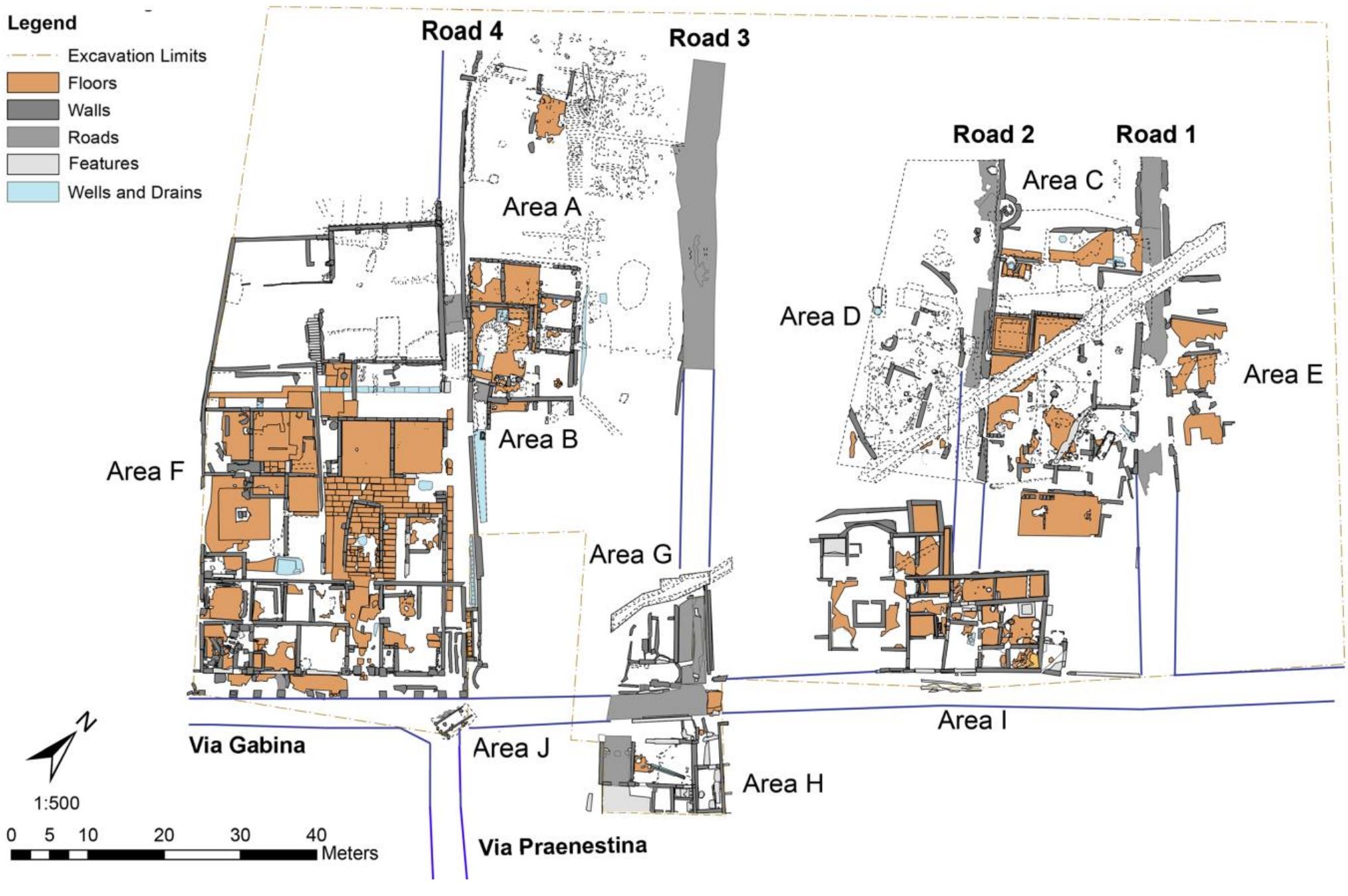 Fig. 2. State plan of the Gabii Project site as of 2018 with indication of excavation areas and road features (GPR; Author: M. Naglak)  implantation of the entire urban network. Stratigraphic data and ceramic finds were collected in 2009-2010 from three different side streets N of the main thoroughfare (Roads 1-3)5. The preliminary analysis of the evidence suggested a date in the late 5" century BCE for the establishment of the roadways, making the Gabii example a key point of reference for studying the spread of similar orthogonal plans at sites founded (or re-founded) as colonies by Rome in the later 4" and 3 centuries BCE®. 