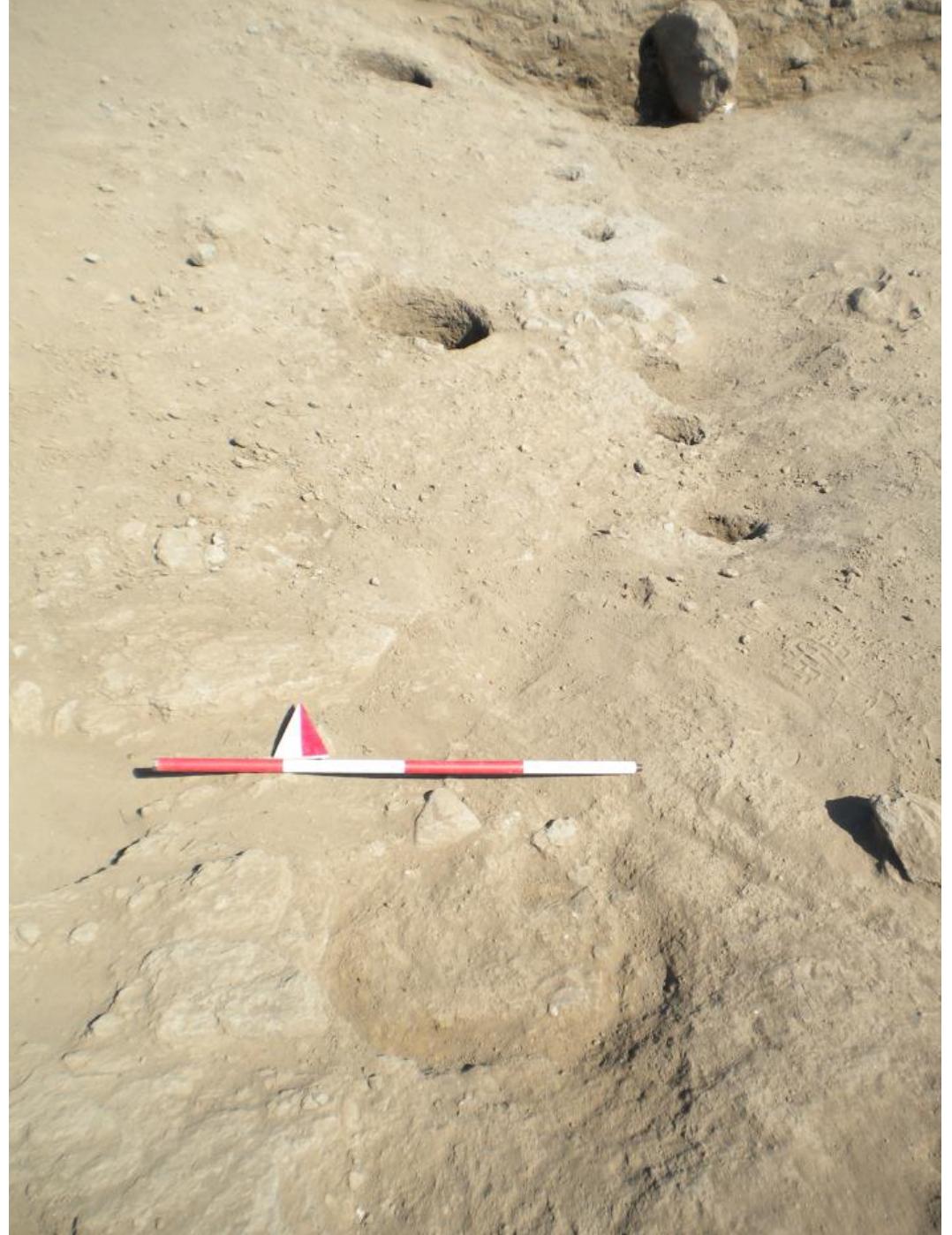 Fig. 8. View of the double line of postholes (2148, 2150, 2169, 2152, 2157, 2159, 2161, 2163, 2165, 2167) cut into the bedrock immediately  to the W of and on an identical orientation to the tagliata for ROAD 1; (GPR; Author: A. Johnston).  Table 2. Quantification of ceramics (by pottery class and number of fragments) retrieved from the ROAD 1 sequence and associated SUs (Author: M. D’Acri).  A: impasto; B: Impasto Rosso; C: Cooking Stand; D: Large Storage Container; E: Impasto Chiaro Sabbioso; F: Black Gloss; G: Bucchero; H: Commonware; |: Italo Geometric; J: Painted Fineware; K: Amphora; L: Creamware; M: Genucilia; N: Internal Red Slip; O: Mortarium; P: Overpainted Black Gloss; Q: Ceramic Building Materials; R: Etruscan Black Figure; S: lonic Cup; T: Lamp; U: Thin Walled; V: Loom weight. 