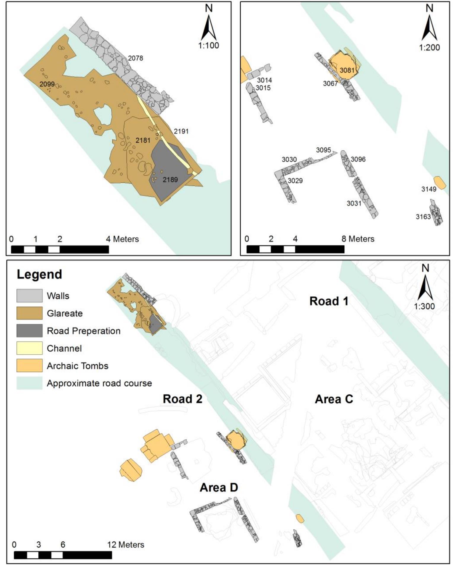 Fig. 12. Composite plan of ROAD 2 showing the relationship of road features to the Archaic occupation of AREA D (GPR; Author: M Naglak). 