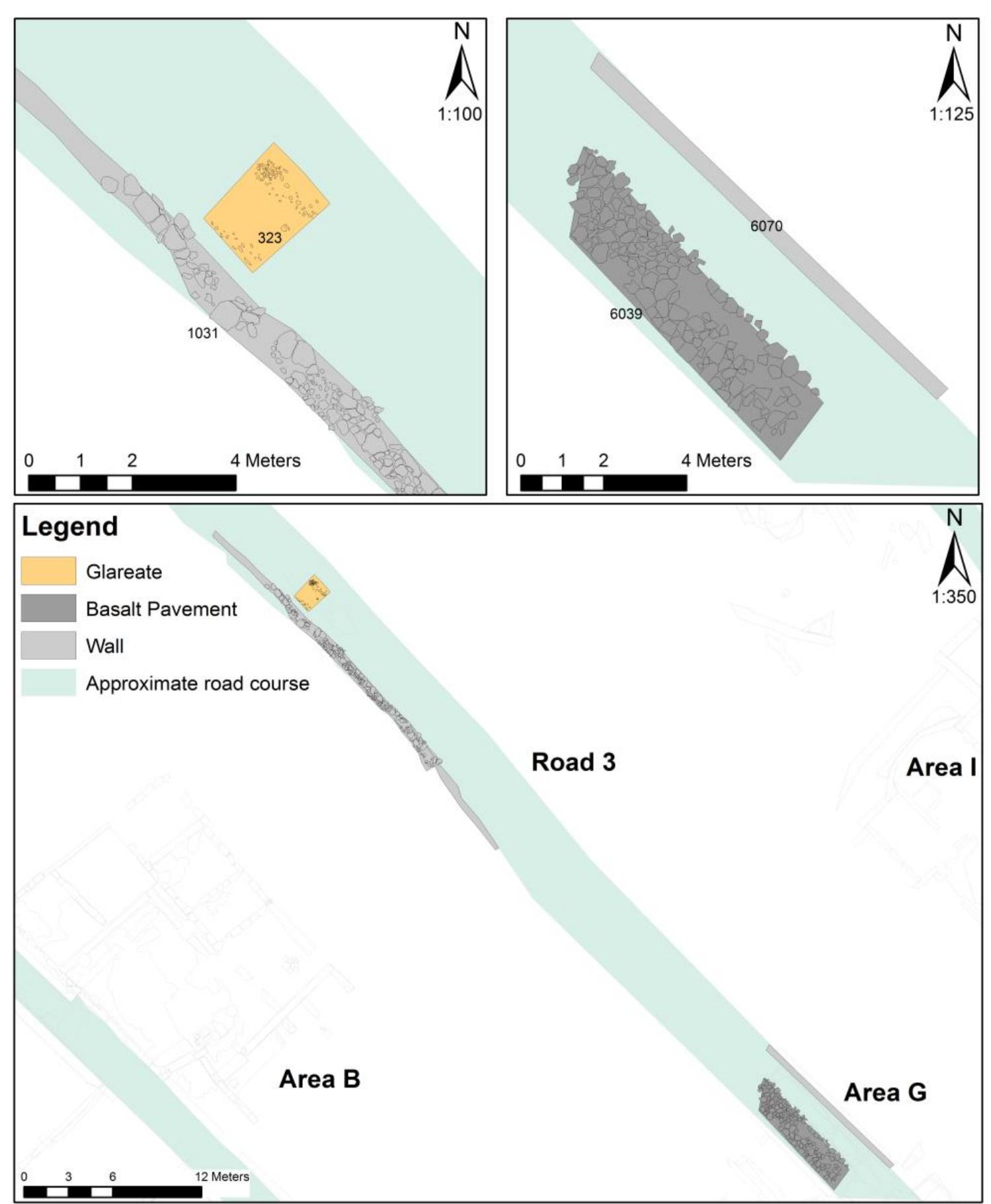 —————  The western boundary of the city block occupied by Area D and Area | is defined by another secondary street (Road 3), which delimits on the other side the excavation sectors designated as Area A, Area B, and Ar- ea G (fig. 13). This street ultimately meets the curving main trunk road of the city at a perpendicular junction some 40 m down the slope to the SE from these areas. While the entire extent of the road has not been ex- posed or investigated, a large sondage was excavated adjacent to Area A in order to document of the full strat- igraphic sequence, from the post-abandonment levels down to the bedrock (fig. 11; Table 4). Subsequently, a stretch of the road further downhill, from where it joins the main thoroughfare in a T-intersection to the point at which it was interrupted by the late antique ditch, was partially explored during the excavation of an imperial building in Area G.   Fig. 13. Composite plan of ROAD 3 (GPR; Author: M. Naglak). 