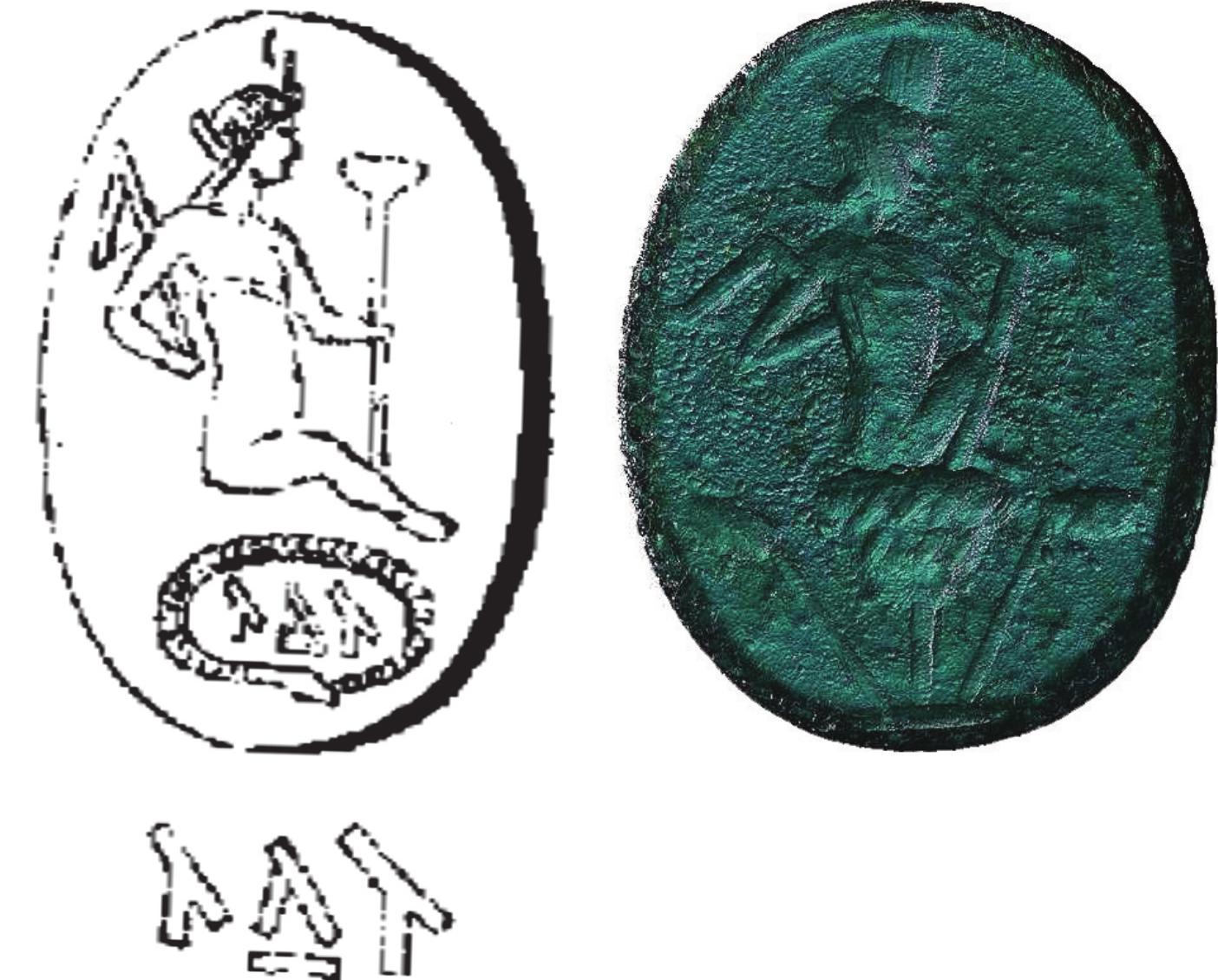 Fig. 3. Left. Harpocrates standing on a lotus flower (apud Torma 1863, pl. III/8). Right. CBd-2361. The Campbell Bonner Magical Gems Database (2010-), developed at the Museum of Fine Arts, Budapest, editor-in-chief: A. M. Nagy. Retrieved from: classics.mfab.hu/talismans/cbd/2361 on 25-01-2019.  Another lost oval gem discovered at Porolissum is one depicting Harpocrates,”*? coming from the same Andrassy Laszl6‘s collection, which K. Torma found extraordinary and illustrated (fig. 3-left).” Harpocrates is rendered seated on a lotus flower (missing in Torma’s drawings), facing to the right, in what should have been its typical iconographic frame, holding the flail with his right hand at the back and facing his left one to his mouth, somehow resembling the depiction of a gem from the J. Paul Getty Museum in Malibu (see fig. 3-right).”® 
