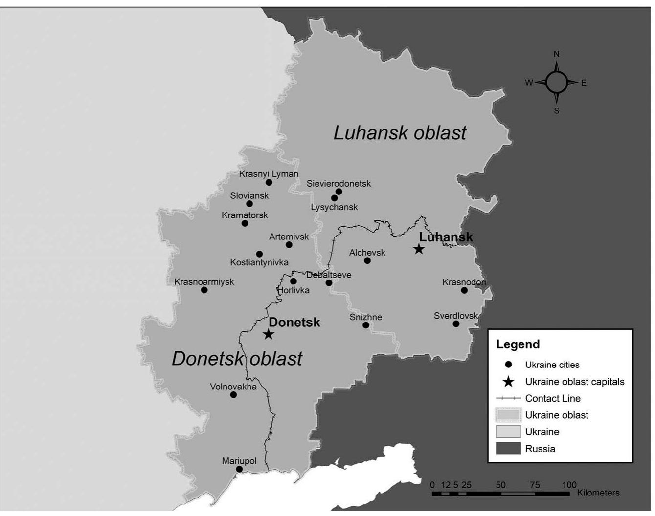 Figure 1. Map of Donetsk and Luhansk oblasts with contact line (as of 1 September 2017) by Jonathan Cook, Center for Spatial Research, Baylor University. 