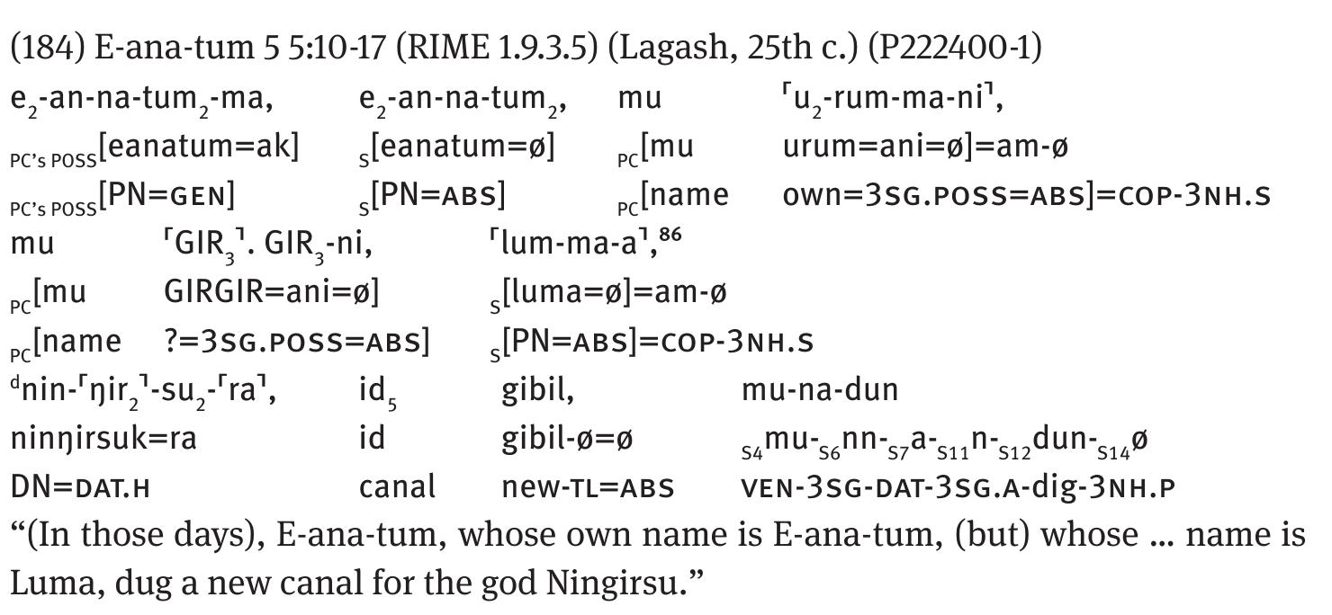 OS IEA I  Another example of the same phenomenon is ex. (184) below, whose sentence initial CC also belongs to type (Bi).® Here too, it is the left-dislocated possessor of the PC that is topical and consequently is interpreted as the head of the paratactic rela- tive clause “E-ana-tum, whose own name is E-ana-tum”. The oddity of this example is due to the fact that the person whose name is specified by the S is referred to by the very same name in the left-dislocated possessor of the PC. The reason for this is clear; this CC contrasts with the subsequent one: the former gives E-ana-tum’s usual name, while the latter gives another name of his.  85 See Zolyomi (2010a) about this example, and for previous literature on it.  86 I assume that the orthography lum-ma-a stands for luma=9=am-@ (PN=ABS=COP-3NH.S), and not for luma=e (PN=ERG) as assumed by Attinger (1993, p. 211), and earlier also by me (Zélyomi, 2010a). It is indeed unexpected that the 3rd ps. sg. enclitic COP might be written with the grapheme A in the 25th c. BC, but note that in Iri-kagina 1 7: 28 (RIME 1.9.9.1) (Lagash, 25th c.) one manuscript writes e-me-a (403278); and the other e-me-am, (A03149), yet both verbal forms must be analyzed similarly as .i-,,.me-,,,6=am-@ (FIN-COP-3NH.S=COP-3NH.S). The 3rd ps. sg. enclitic COP is thus written unquestionably with the grapheme A in the first manuscript of Iri-kagina 1. 