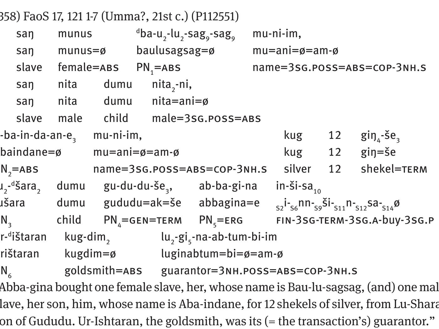 Ex. (359) below is a legal document recording a litigation that concerns the owner- ship of a slave. It starts with the description of a transaction very similar to the one in ex. (358). Here, however, the final part of the example naming the guarantor of the transaction is a thetic sentence. The reason for the use of a thetic construction lies in the function of these clauses. They provide information on the state of affairs which forms the basis of the litigation described in the ensuing part of the document. In ex. (358), however, the description of the transaction continues with other details, e.g., with the names of the witnesses. Here the transaction itself is the object of the docu- 