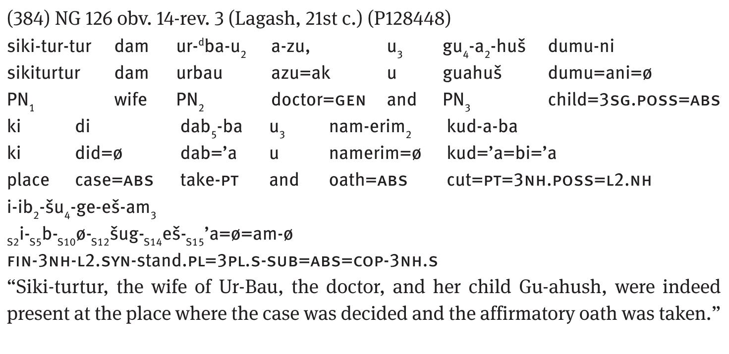 “Ur-saguba, the brother of Ahum, was indeed present at the place of the litigation.”  150 See Falkenstein (1956a, p. 55, p. 80).  Exx. (383)-(385) come from legal texts, particularly trial records made for the central administration. They record the presence of certain persons at the trial documented by the text. In exx. (383)-(384) these persons are relatives of one of the litigants. The insistence of the factualness of these statements may be related to the fact that the presence of these persons was recorded for a purpose, namely, in order to prevent them from contesting the decision of the court at a later date.?*° 