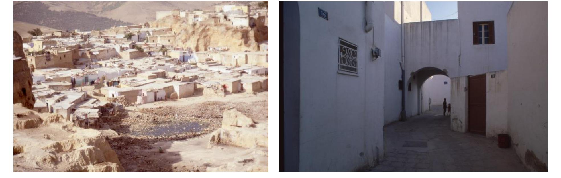 consider properties’ and individuals’ rights which affects peoples’ capabilities and consequently issues of justice are not raised. Compare for example this settlement from Morocco (figure 5) with the Hafsiya housing project in Tunis that won the Aga Khan Award (figure 6). The first from Morocco was built by poor people. The second is designed and built by a developer under the Municipality’s approval who owns the land. For some researchers, the immediate conclusion is that the second could be an Islamic, while the first is merely a squatter settlement. To reach their judgments, questions of properties’ and individuals’ rights were often not raised. Residents in the first although claim ownership while the government does not recognize their claim, still show much care of the site regardless of their severe poverty. To the contrary, residents in the second are often tenants and thus their interest in maintaining the environment is much lower. If we keep in mind the inhabitants’ innate, then initiatives of residents in both should be remarkably different. In the second, residents are not as much responsible, though the project is considered Islamic since the designer used traditional patterns from old Tunis such as overpasses and dead-end streets. In fact, this method of design process that copies form traditional environments certain elements or patterns and reproduce them for current designs is the norm among most designers.   What is a Mechanism?  How hukuk guide, influence and draws the limits of individuals’ and institutionals’ actions and how such limitations affect the environment? The answer is through “mechanisms”. Let us take one example. In Shari‘a law any property owner can raise his edifice as long as he does not damage others or the environment. If his action damages others, he needs the damaged individuals’ permission. “Neither darar nor dirar’ refers to a tradition of the Prophet (peace be upon him) that translates as: “[T]here should be neither harming nor reciprocating harm’. This was interpreted to mean that one may alter the built environment so long as the alterations cause no harm to others, and was used constantly by Muslim authorities to evaluate the legality of one’s actions in the physical environment. In such situations, he who wishes to raise his edifice, needs his neighbours’ permissions as any addition will harm them through, for example, the increase of the number of passers-by (especially vehicles). Whether the neighbours were Muslim or not, this “mechanism” of placing decisions in the hands of the community, will certainly control density as it is often impossible to corrupt the residence to accept damage. If they accepted, they are the ones to suffer. Contrarily, if control is in the hands of outsiders such as municipal officials, some powerful property owners might corrupt officials as evident from high-rise buildings in which neighbouring residents have no right to object to such a huge scale development although it will affect their community. Even if the capacity of water electric and sewage networks were increased to suffice the projected needs (which will affect the city’s budget), the passers’ by numbers will increase (whether  