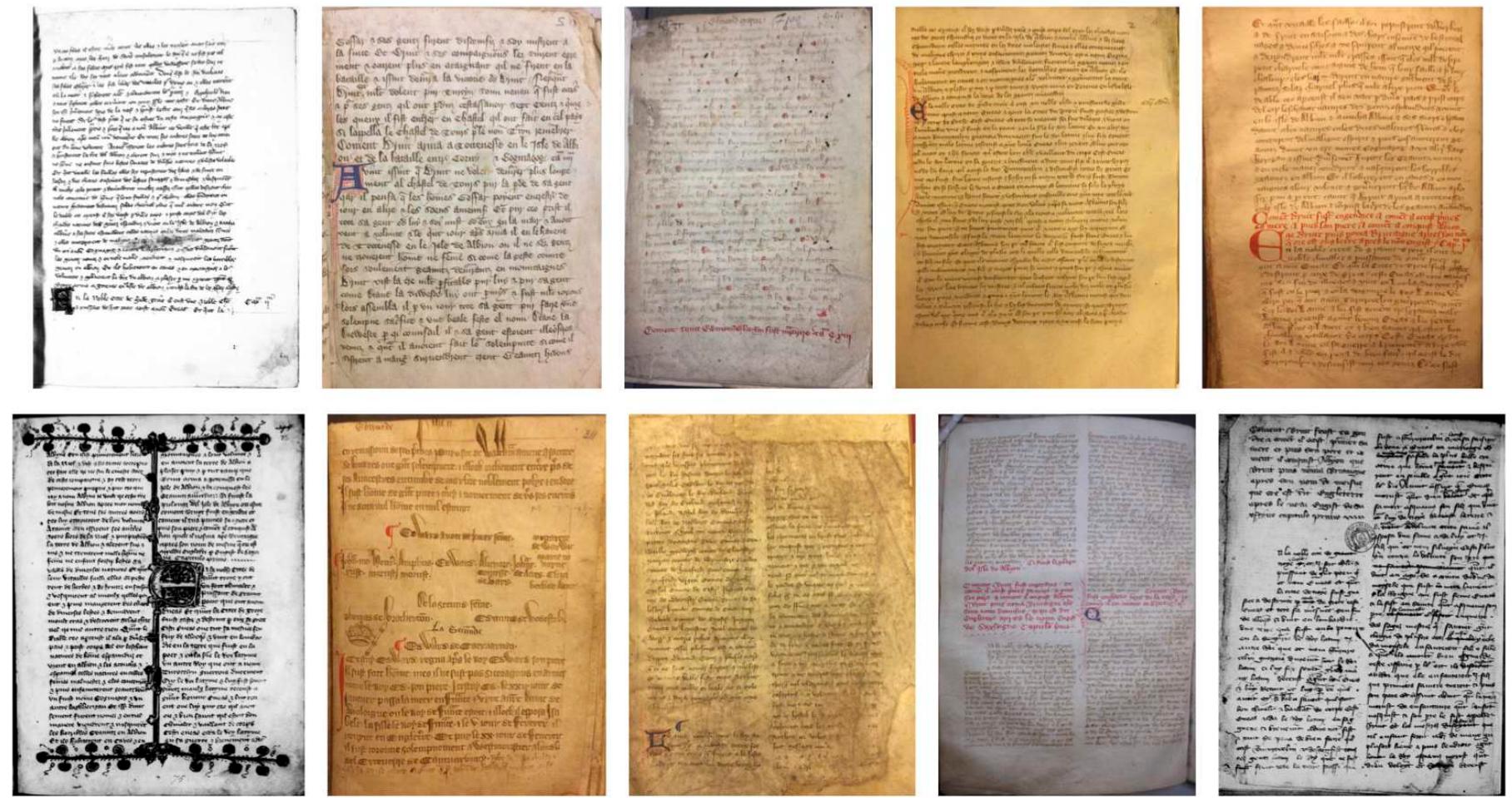 The Long Anglo-Norman Prose Brut manuscripts, from left to right, first row: 1. Aberystwyth, National Library of Wales, 