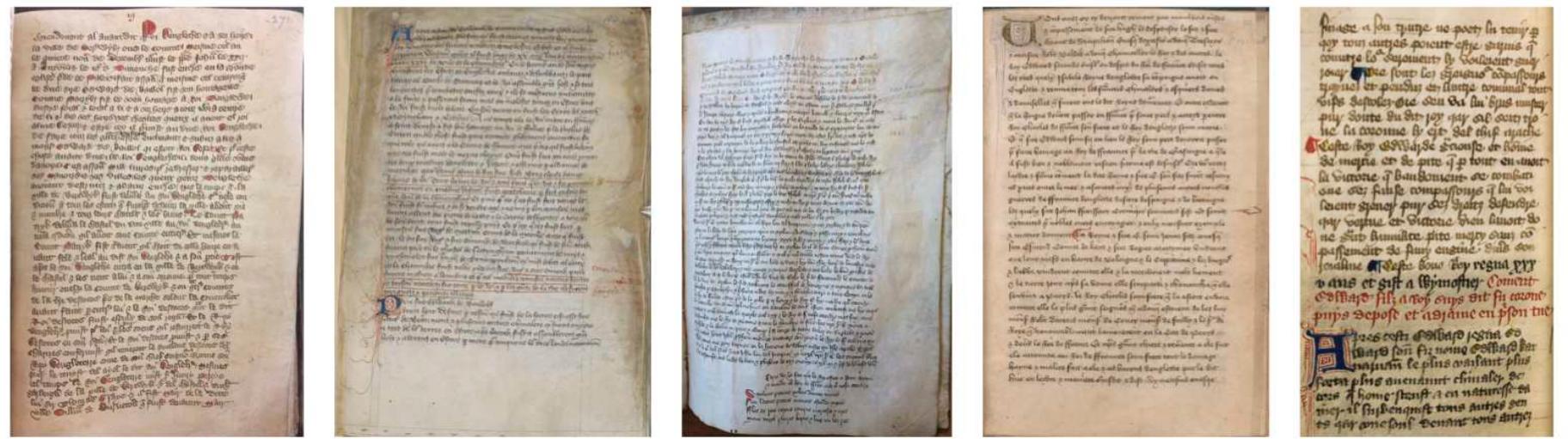 The Anglo-Norman Prose Brut continuation manuscripts, from left to right: 1. Leeds, University Library, MS Brotherton 29; 2. London, British Library, MS Cotton Tiberius A VI; 3. New Haven, Yale University Beinecke Library, MS 86; 4. New Haven, Yale University Beinecke Library, MS 593; 5. Oxford, Corpus Christi College, MS 78.  abridgments of the Long ANPB.  Besides the main texts there are several continuations and variant versions that have yet to be roperly studied. The Short and Long ANPBs received further continuations in Anglo-Norman, only ne of which has been edited. The so-called Anonimalle Chronicle continues a peculiar expanded ction of the Short ANPB, which has also been edited, but cannot be taken as a representative text. )ne copy of the Short ANPB and another three copies of the Long ANPB (all independent, perhap: Japted from a single insular copy) are in continental French, with changes made throughout that  eserve further scrutiny. There are many other versions of the main text as well, including two peculiar  og ie ges EL oT oe ee A RI DD 