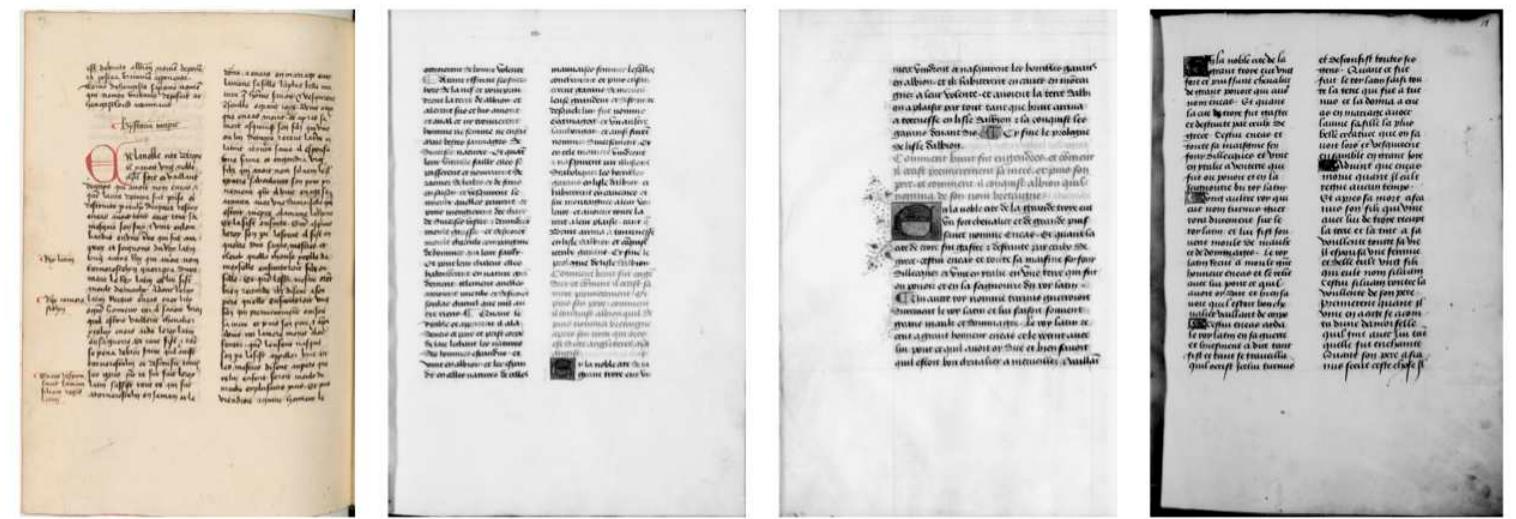 The Anglo-Norman Prose Brut continental manuscripts, from left to right: 1. Paris, Bibliothéque de Arsenal, MS 33.46; 2. London, British Library, MS Royal 19 C IX; 3. Paris, Bibliothéque nationale de France, MS fr. 12155; 4. Paris, Bibliothéque Sainte-Genevieve, MS 935. 