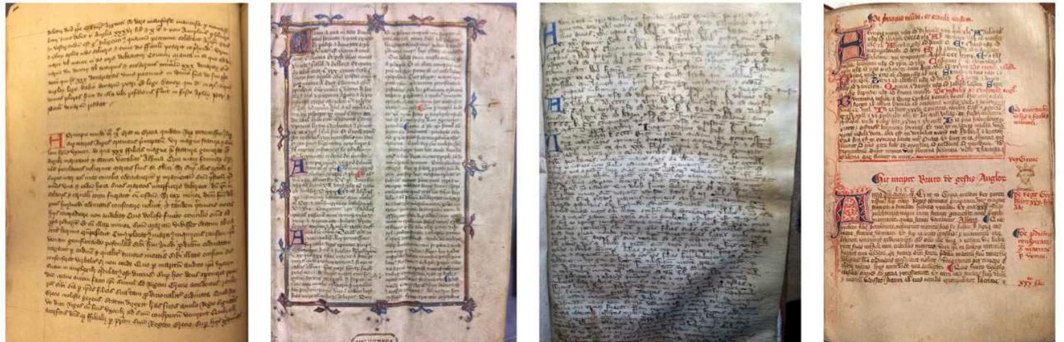 The Canterbury Latin Prose Brut manuscripts, from left to right: 1. London, British Library, MS Cotton Julius B II; 2. London, Lambeth Palace Library, MS 99; 3. Oxford, Magdalen College, MS Lat. 200; 4. Reigate, Parish Church of St Mary Cranston Library, Item 1117.  Brut only goes to 1326 and, while it is tempting to presume that this was translated from the one cop\ of the Short ANPB that ends in the same year (Cambridge, University Library, MS Mm I 33), th transmission here requires further study. A manuscript of the second recension of the Long ANPE was translated into Middle English towards the end of the fourteenth century and soon received continuation to 1377. This initial Middle English version only survives in a few manuscripts anc likewise needs to be studied in more depth, especially in relation to its Anglo-Norman source. It ha: been presumed that a particular copy of the Long ANPB (London, British Library, MS Cottor  Cleopatra D III) was the source because it has the same chapter divisions, but a word-for-worc  comparison of the MEPB with the Long ANPB shows this to be unlikely. 