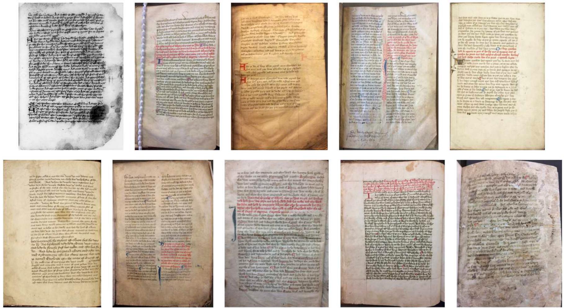 The Middle English Prose Brut (Common Version—1333) manuscripts, from left to right, first row: 1. Aberystwyth, National Library of Wales, MS Peniarth 398D; 2. Dublin, Trinity College, MS 490; 3. London, British Library, MS Harley 3945; 4. London, Society of Antiquaries, MS 93; 5. Manchester, Rylands Library, MS Eng. 103; second row: 6. Manchester, Rylands Library, MS Eng. 206; 7. New Haven, Yale University Beinecke Library, MS 494; 8. Oxford, Bodleian Library, MS Bodley 840; 9. Oxford, Bodleian Library, MS Douce 323; 10. Oxford, Bodleian Library, MS 