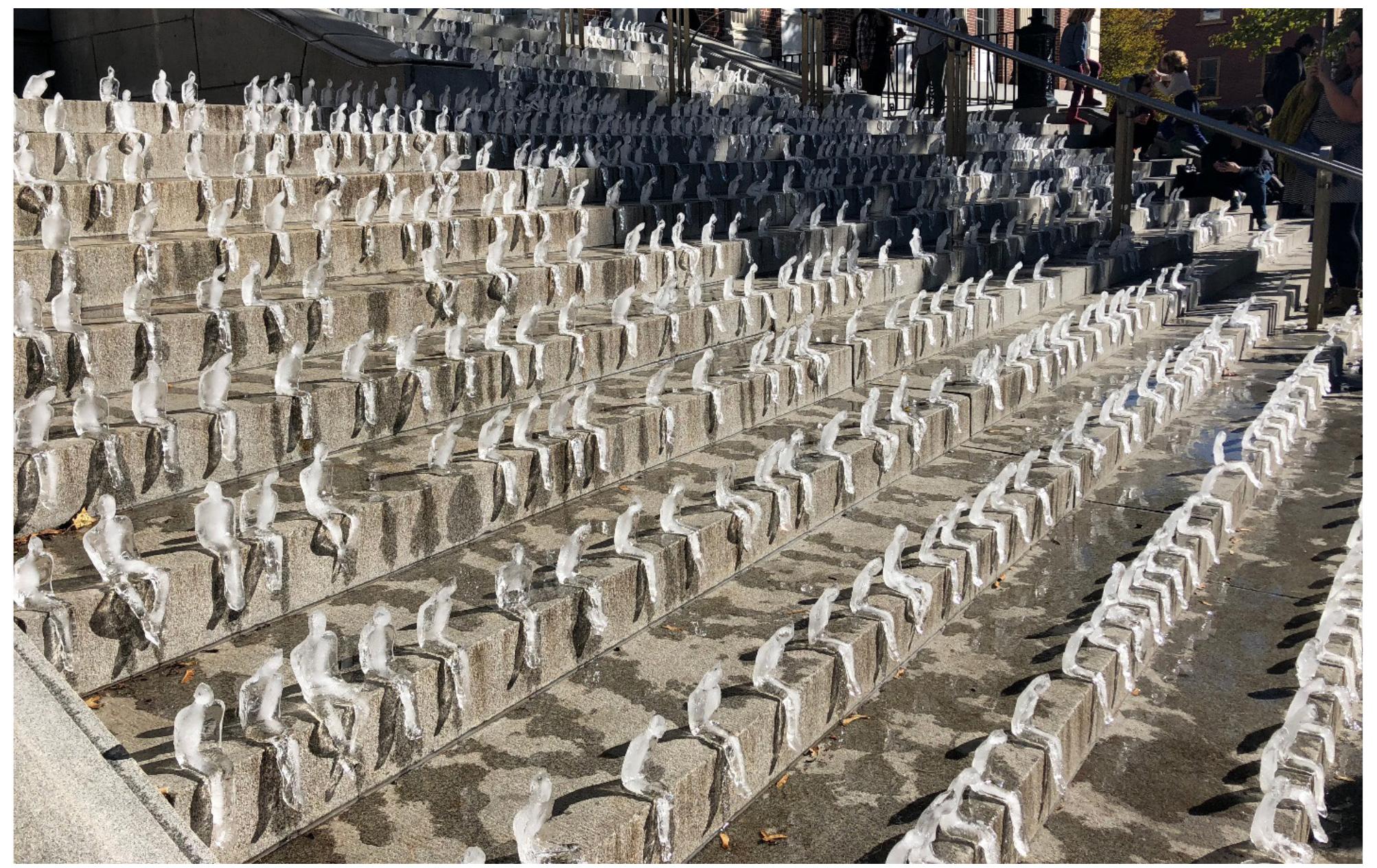 irreversible change for many of the globe’s ecosystems.  Azevedo’s ice figures on the Burlington City Hall footsteps, October 20", 2018  evolving at an alarming pace as we approach what is increasingly referred to as a tipping point of  A decisive “words are not enough” marked, on that occasion, Nele Azevedo’s commitment to 