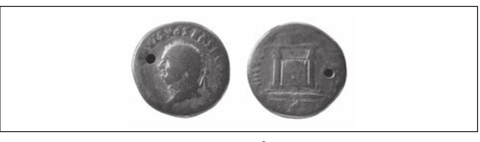 Figure 3. Illerup Adal, ZPC, a pierced denarius of Titus minted in AD 80, > Museum at Moesgard, photo. P. Dehlholm (scale 1:1 