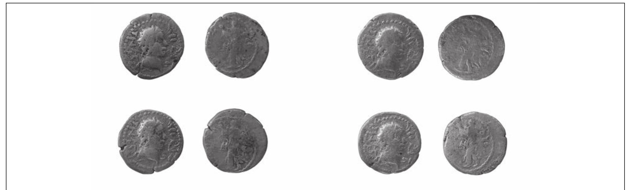 Figure 5. llerup Adal, RLC, RLE, RLF and RLG, barbarous imitation denarii, Museum at Moesgard, photo. P. Dehlholm (scale 1:1).  Figure 4. llerup Adal, TMQ and VFE, heads of rivets from a shield-grip impressed on a coin of Faustina I, gilt silver, the Museum at Moesgard, photo. P. Dehlholm (no scale). 