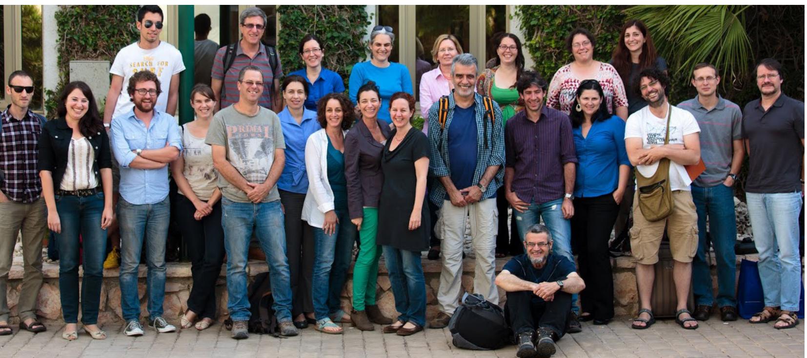 Figure 2 Reconstructing Ancient Israel project retreat (Neve Ilan, 2013). Standing in the upper row, left to right: Michael Toffolo, Steve Weiner, Lidar Sapir-Hen, Ruth Shahack-Gross, Elisabetta Boaretto, Maayan Mor, Dvory Namdar, and Meirav Meiri; standing, middle row, left to right: Lior Weissbrod, Shira Faigenbaum, Zach Danseth, Mathilde Forget, Yuval Gadot, Na’ama Yahalom-Mack, Adi Eliyahu-Behar, Shirly Ben-Dor Evian, Dafna Langgut, Israel Finkelstein, Mario Martin, Larisa Goldenberg, Barak Sober, Arie Shaus, and Thomas Litt; sitting: Eli Piasetzky. 