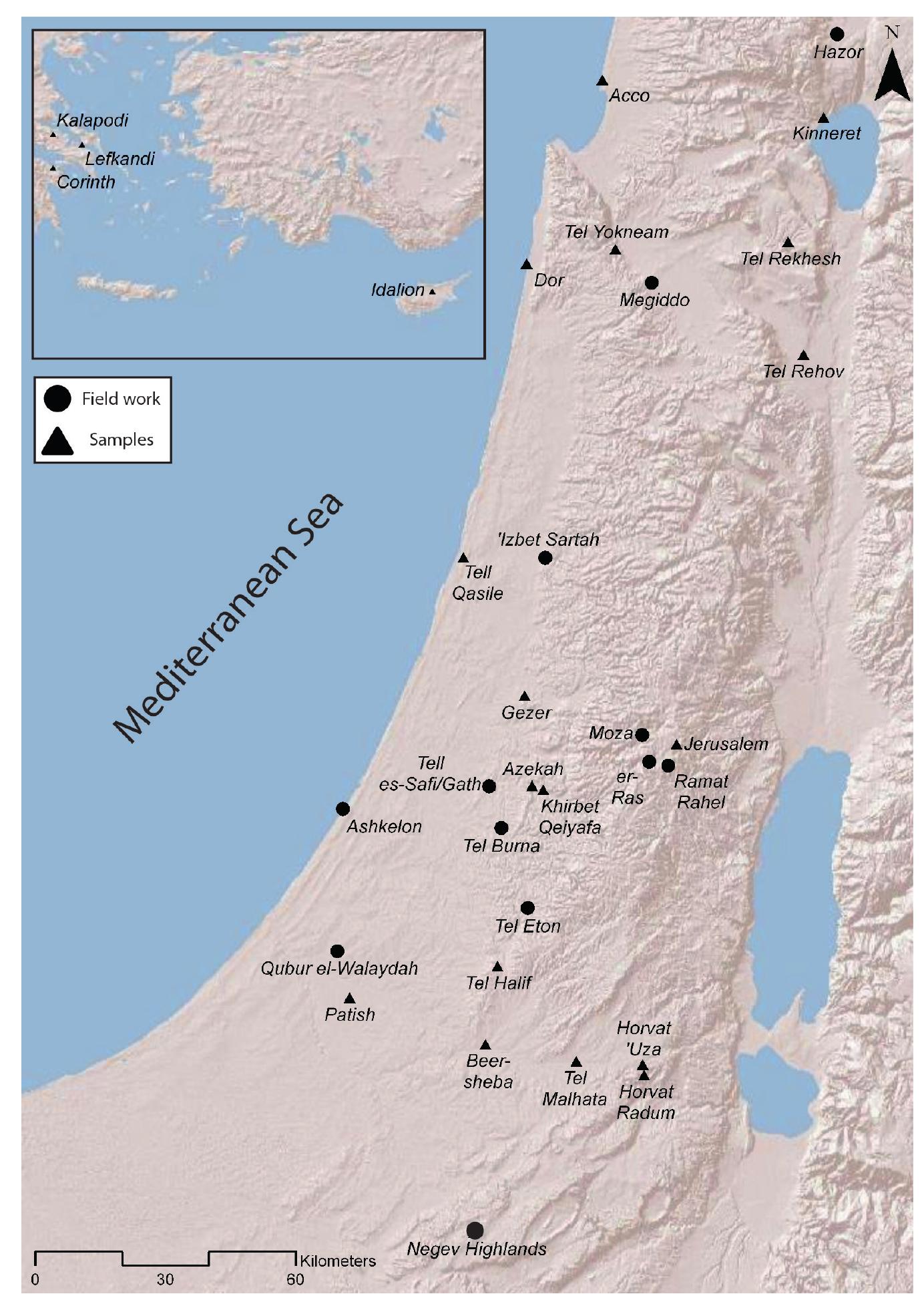 Figure 3 Reconstructing Ancient Israel project: sites where actual fieldwork was carried out and site sampled. 