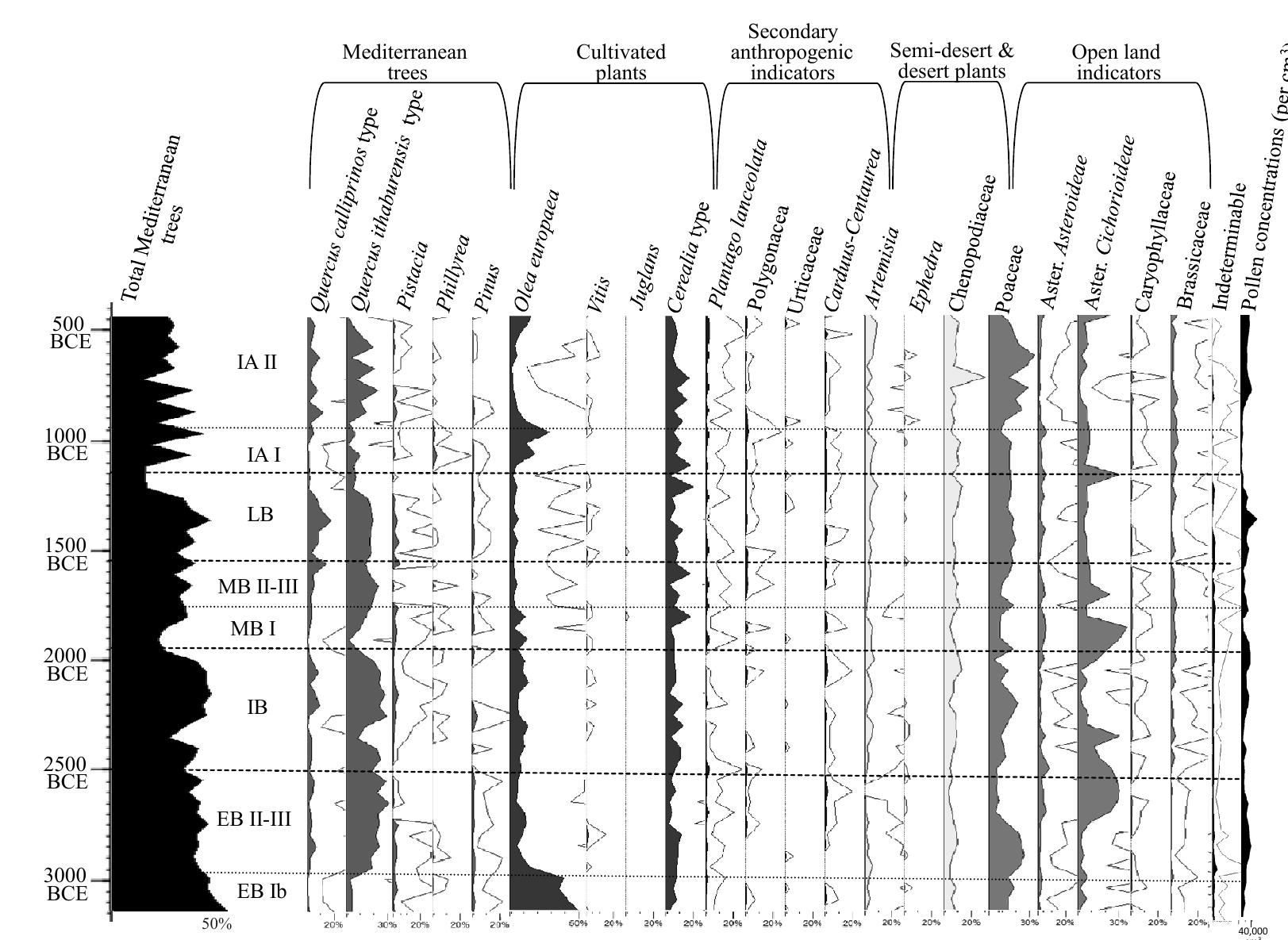 Figure 3 Simplified pollen diagram of the Sea of Galilee record during the Bronze and Iron Ages. A 10-fold exaggeration is used to show changes in low taxa percentages. The palynological diagram was divided into five main groups based on taxa geographical origin and on ecological and cultural characteristics (see online Appendix). EB = Early Bronze Age; IB = Intermediate Bronze Age; MB = Middle Bronze Age; LB = Late Bronze Age; IA = Iron Age. 