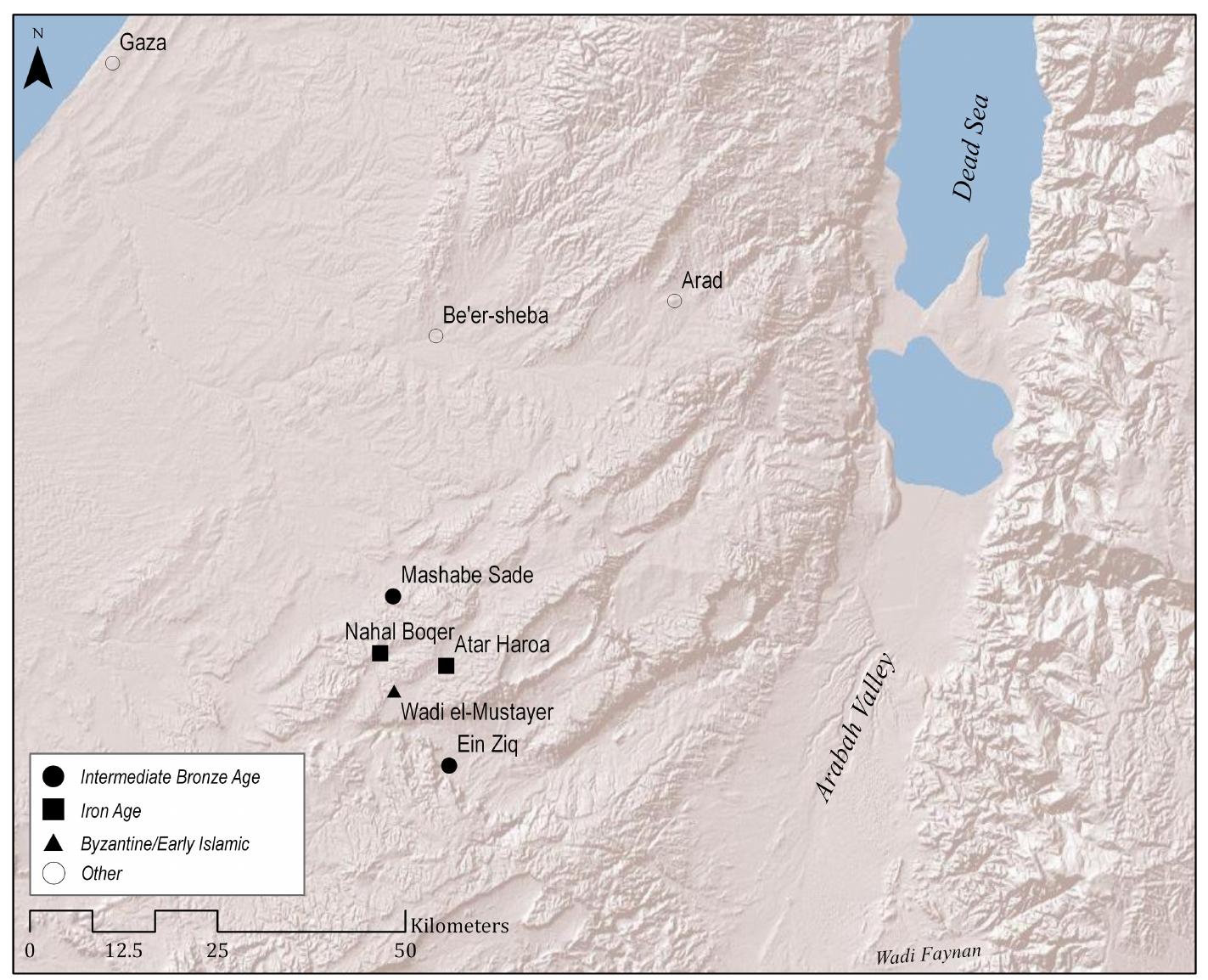 Figure | Location of sites mentioned in the text (open circles: Bronze and Iron Age urban sites close to the study region); note the location of the studied sites in relation to the Arabah Valley and Wadi Faynan.  and radiocarbon dating. We attempted to answer the question of subsistence strategies by employing methods that examine microscopic remains indicative of animal dung. This material, if properly identified, holds a wealth of information about the foddering practices of ancient herdsmen, and is especially useful in differentiating pastoral from agropastoral groups (see Shahack-Gross 2011 for a review of additional types of information that can be obtained from archaeological remains of livestock dung). The geoarchaeological aspect was thus composed of two parts: methodology development and archaeological application. The former included building a database of the phyto-  lith component in selected Negev H  ighlands fodder plants and a database of the phytolith and dung  spherulite components, as well as 5'°N and 6C values in dung from various modern Negev High- lands wild and domestic herbivores (Shahack-Gross and Finkelstein 2008). In addition, we tested  the state of preservation of phytolit chaeological application segment o sites, where systematic sampling o  hs in the Negev Highlands (Shahack-Gross et al.  2014). The ar-  f the project was achieved through fieldwork at the two Iron ITA f sediments for studying subsistence practices and charred bo-  tanical remains for '*C dating were conducted (Shahack-Gross and Finkelstein 2008; Boaretto et  al. 2010; Shahack-Gross et al. 2014). Fieldwork was carried  rooms and three courtyard contexts  were opened at Atar Haroa, while at Nahal Bog  out via small-scale excavations. Two  er the contexts  of one room and one courtyard were investigated (for location of excavation contexts, their sizes see Shahack-Gross and Finkelstein 2008; Shahack-Gross et al.  and types and numbers of samples,  2014). We have been criticized in the past for sampling in the courtyard contexts; emains of animal corralling, and the information they include about foddering practices, were expected (and found; see below). Additionally, we tested our results against two control situations in the same region: (a) an abandoned, pre-modern Bedouin rockshel- ter and (b) a Bvzantine/Farlv Islamic site (see details in Shahack-Grogss et al. 2014).  contexts are exactly those where r  however, these  