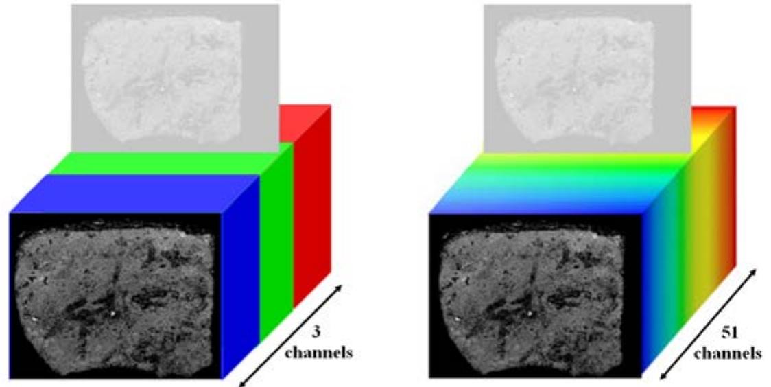 Figure | An illustration of RGB vs. multispectral data  The modern digital imagery provides us with detailed high-resolution data. However, the spectral information of the regular RGB (red, green, blue) imagery is usually insufficient, as only three color channels are recorded (see Figure 1). Therefore, our initial attempts at standard digital photography were soon substituted by multispectral (MS) techniques (Faigenbaum et al. 2012). Such methods  were previously found to be beneficial in later historical documents written on parchment (e.g. Knox et al. 1997; Easton et al. 2003). 