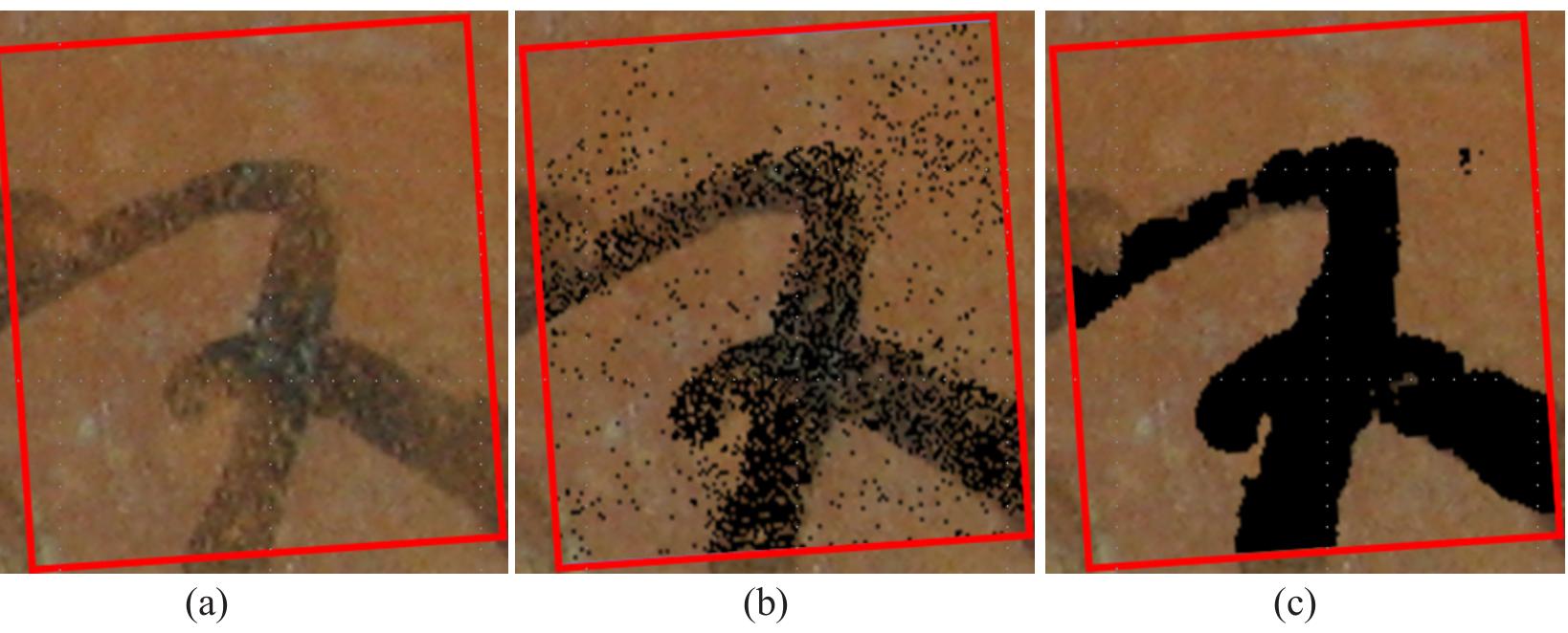 Figure 4 Raman scanning: (a) photograph of the scanned area; (b) scanning result overlaid; (c) scanning result after post- processing. 