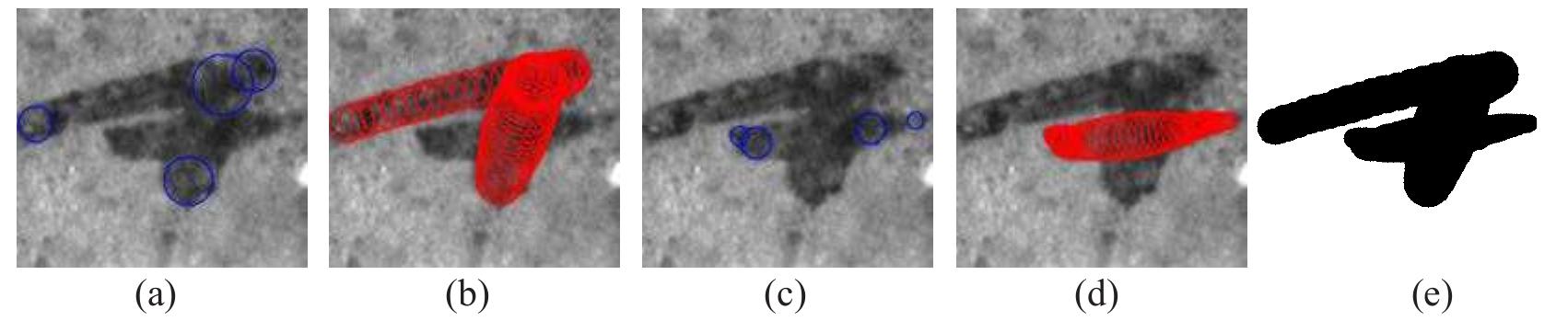Figure 9 Reconstructing a yod from Arad ostracon No.1: (a, c) the initially sampled points; (b, d) the reconstructed strokes; (e) the resulting facsimile. 