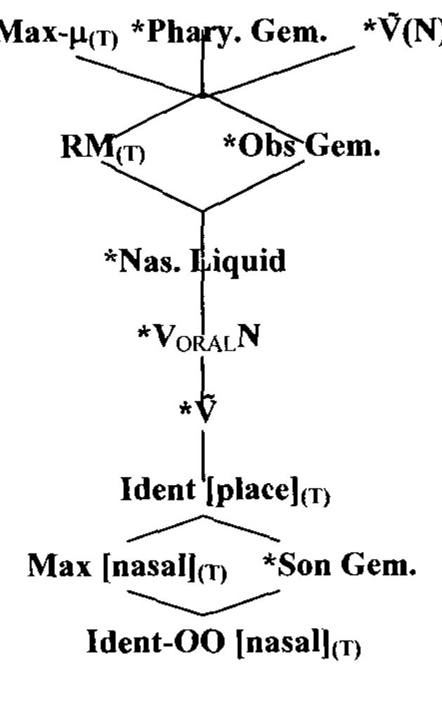 Five constraints are outranked by RM (*Nas. Liquid, *VoratN, *V, Ident  1. A summarizing lattice of the constraints used and their ranking 