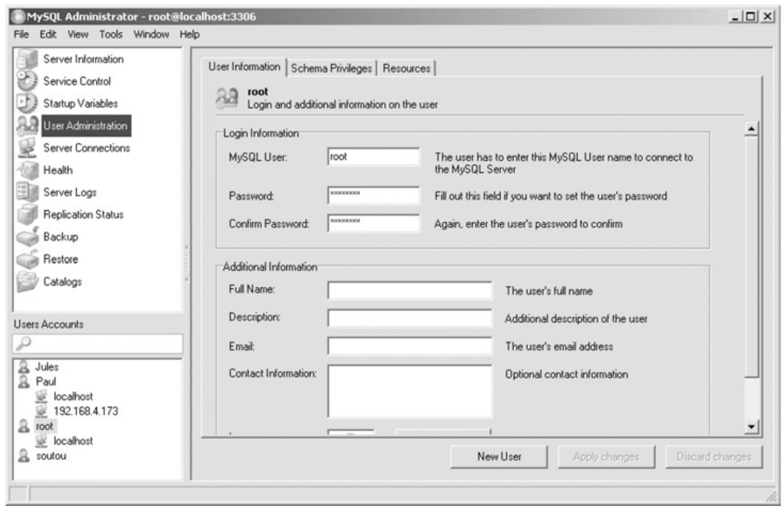 Figure 10-3 Liste des utilisateurs  Quand vous ajoutez un nouvel utilisateur, pensez a autoriser sa connexion 4 partir de chaque machine cliente. Clic droit sur l’utilisateur dans la fenétre principale Add Host From Which The User Can Connect. Ensuite, il faudra lui allouer des priviléges sur chaque base de données autorisée.  Lorsque la connexion est établie pour l’utilisateur choisi, il est possible de gérer une base tout en respectant ses propres prérogatives. Ici, nous choisissons, sous root en local, de lister les accés utilisateur. En sélectionnant un accés utilisateur (ici root sur localhost), il est possible de modifier ces caractéristiques et ces priviléges.  machine cliente. Clic droit sur l’utilisateur dans la fenétre principale Add Host Fron 
