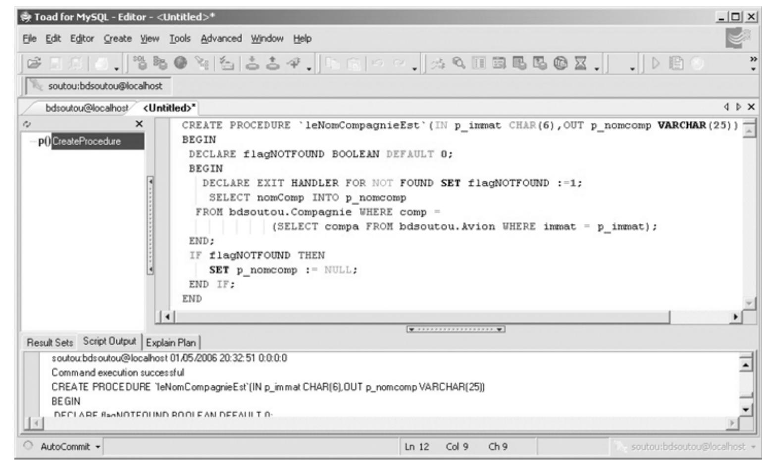 Figure 10-29 Modification d’un sous-programme  Le choix Tools/Database Browser, ensuite l’onglet Procedure en sélectionnant une procédure (clic droit puis Alter Procedure), permet de modifier puis de recompiler (Editor/Execute SQL Statement) une procédure existante. Pour en créer une nouvelle, vous avez le choix entre le clic droit puis Create Procedure, ou passer par le menu général Create/Procedure. 