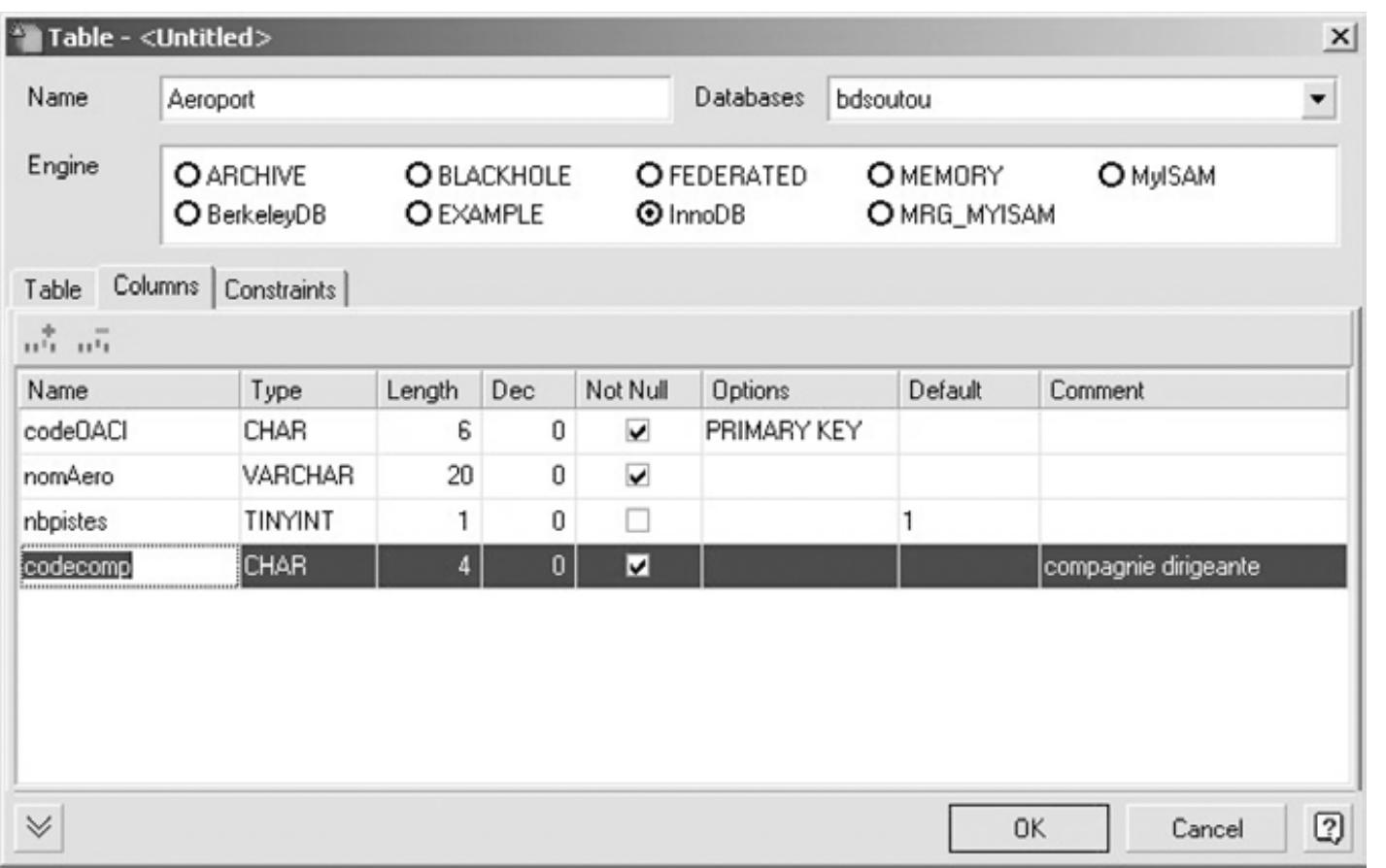 Figure 10-31 Création d’une table (onglet Columns) 