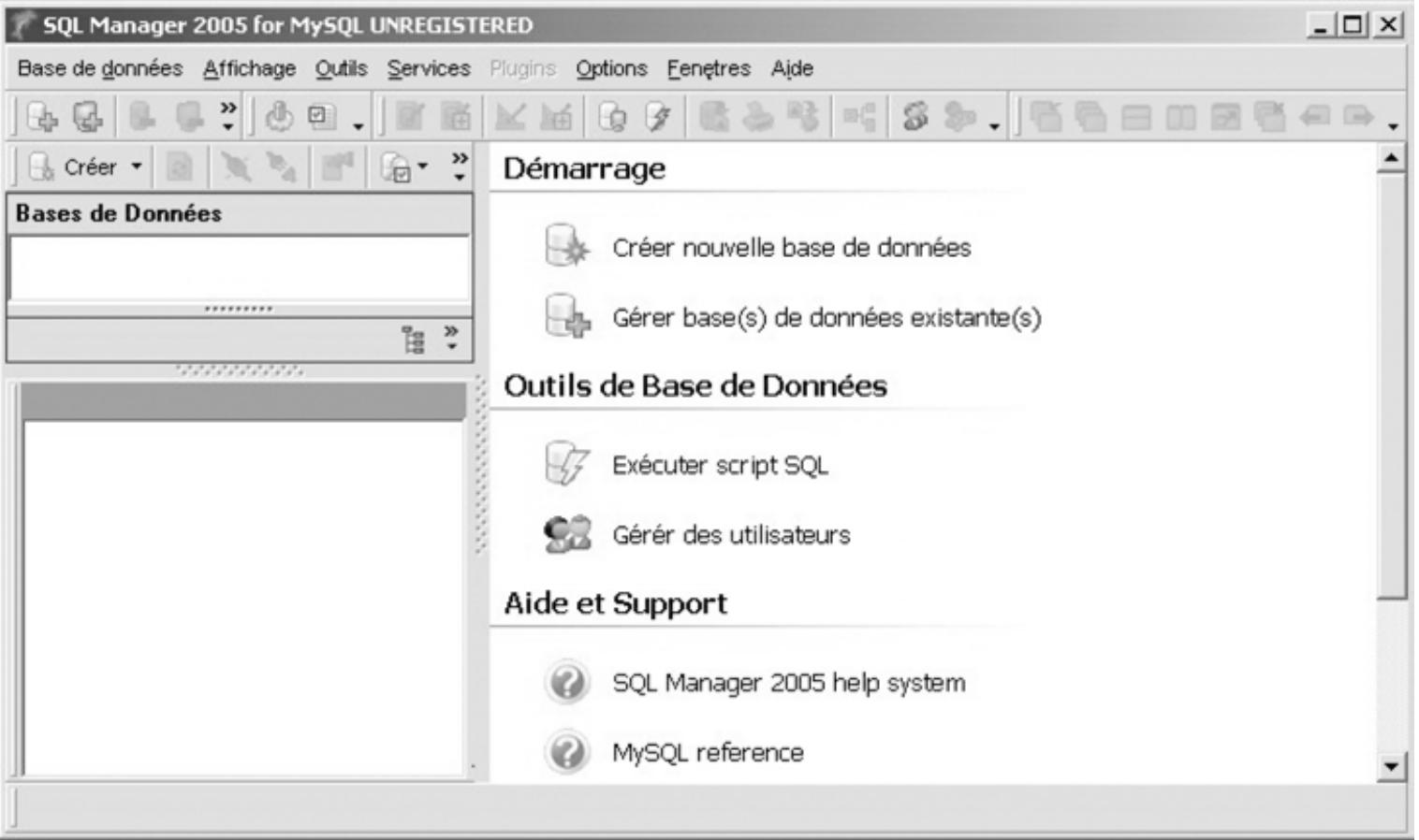 Figure 10-40 Accueil de SQL Manager  Plusieurs chemins existent pour lancer |’ assistant de création d’une table, qui ressemble a ceux déja étudiés pour les précédents outils. On retrouvera les différents onglets permettant de modifier les colonnes, index, clés étrangéres et données. L’onglet DDL contient I’ instruction SQL générée. 