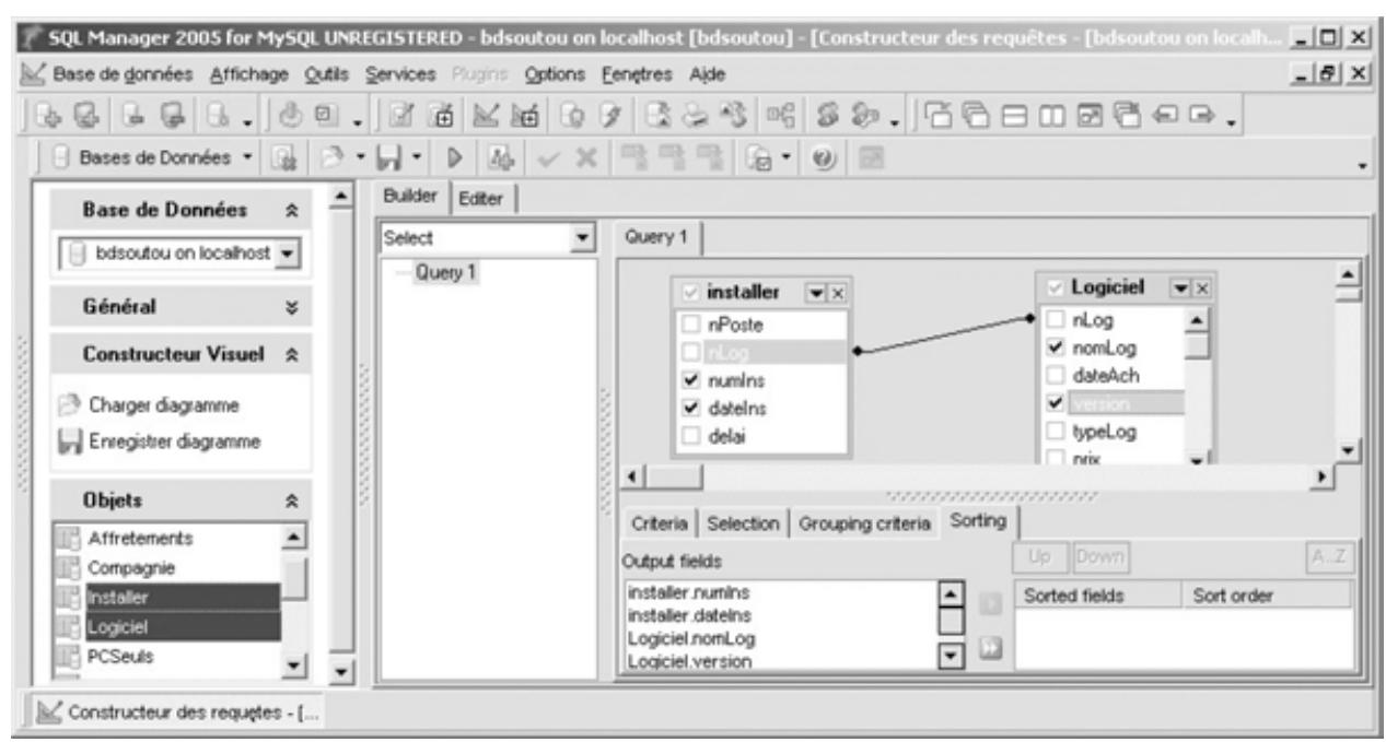 Figure 10-43 Construction graphique d’une requéte  Le résultat peut s’exploiter de maniére trés efficace (en tant que grille ou sous forme imprimable). 