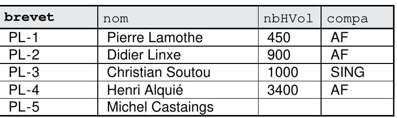 Figure 4-18 Table Pilote  Considérons la table suivante. Le but est d’extraire le pourcentage partiel de pilotes par compagnie. Dans notre exemple, il y a 5 pilotes dont 3 dépendent de 'AF'. Pour cette compa- gnie le pourcentage partiel de pilotes est de 3/5 soit 60 %.  Requéte et tables évaluées dans le FROM 