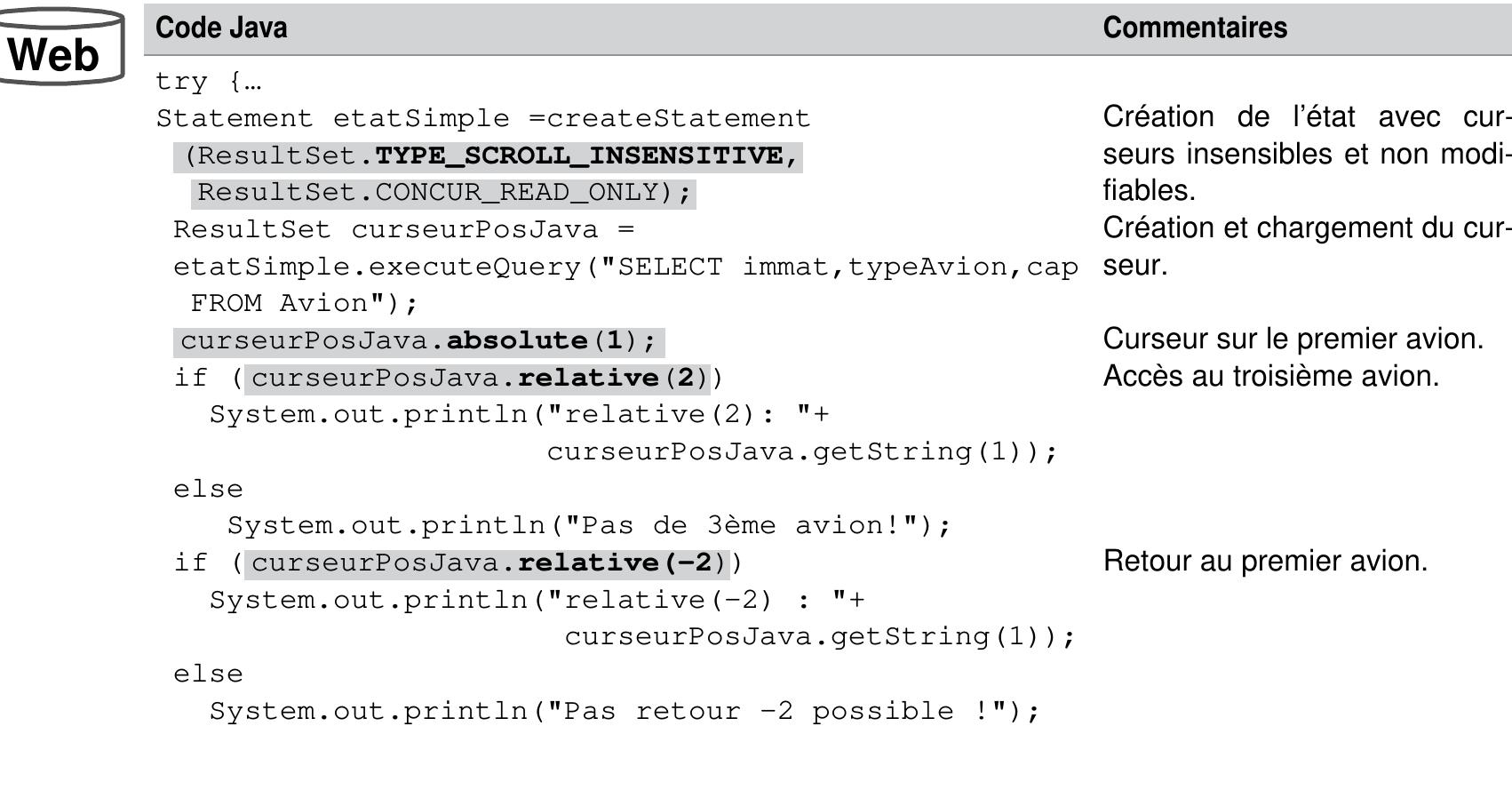 Tableau 8-21 Positionnements dans un curseur navigable 