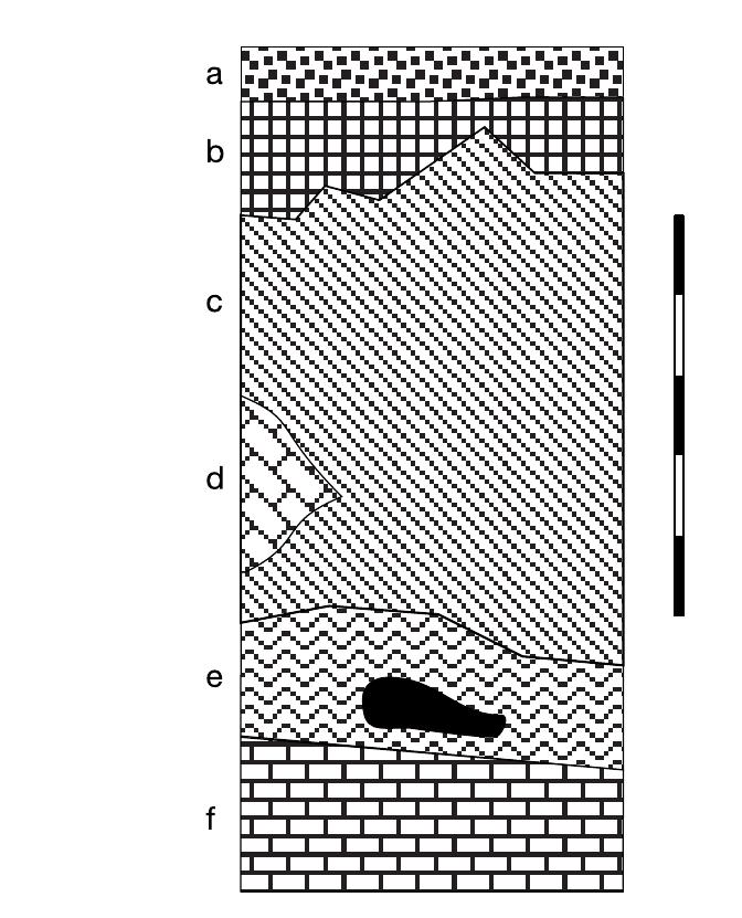 Figure 2 Typical layering in a core drilled at the bottom of the Siloam Tunnel. Scale bar, 5cm. Layer a, silty tufa; layer b, young black plaster; layer c, intermediate coarse plaster, d, limestone clast; layer e, the lowest plaster termed ‘ancient plaster’, in which a piece of wood is shown (black); layer f, limestone bedrock. Note that no deposit exists between the ancient plaster and the bedrock. 