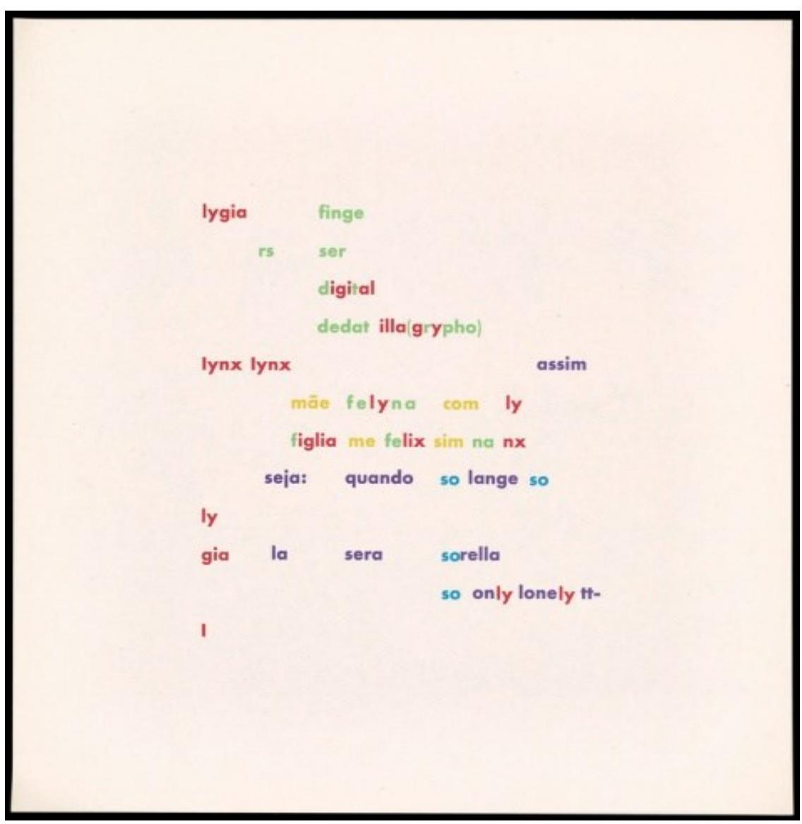 The multilingual poem “Lygia Fingers” (Lygia Fingers)? turns on the number five. It has words in five colors: red, green, yellow, blue, and purple, emphasizing to the deconstruction of language units into smaller ones in five languages: English, Latin, Italian, German, and Portugese. The five colors and five languages obviously correspond to the five fingers that are capable of a variety of actions: they can pretend (/imge), typewrite (datilografar), and even turn into ‘glyph’ or ‘griffin’ (grypho). All this is put in a language construct “bristling,” as Marjorie Perloff puts it in her brilliant discussion of the poem, “with puns and double entendres’ (Unoriginal 68). For example, “Lygia has morphed into a /ynx, a feline creature (fe/yna), but also a daughter figure (figa), who makes, in a shift from Italian to Latin, me felix (me happy) (68). Now the suffix —/y, the paragram Lyeia’s name is turned into, occurs five times again, “twice color coded so as to stand out from the word in which it is embedded” (68). Here the language into German and Italian, keeping up the puns and double entendres in both, by bringing in a beautifully sounding name (So/ange Soh), ot phrase (so dange sob), for the “ideal beloved in the Provengal manner,” and morphing the second syllable of Lygia’s name into an ambiguous gra /a sera sorella (‘already evening, sister’/‘longed-for evening’). Multiplying the 