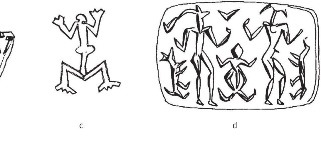 FIGURE 2. Depictions of dancers with upper limbs positioned in “V” form, south- east Europe and Near East (adapted by I. Tur¢in):  a. Khazineh (Garfinkel 2003, 165, Fig. 9.5: a; after Gautier, Lampre 1905, Fig. 254); b. Tal-i Jari A (Garfinkel 2003, 187, Fig. 9.24: e; after Egami, Masuda, Gotoh 1977, PI. 3:5);  c. Kolesovice (Garfinkel 2003, 213, Fig. 10.9: c; after Miller-Karpe 1968, PI. 196: A); d. Tepe Giyan (Garfinkel 2003, 113, Fig. 7.3: b; after Herzfeld 1933, Fig. 25). 