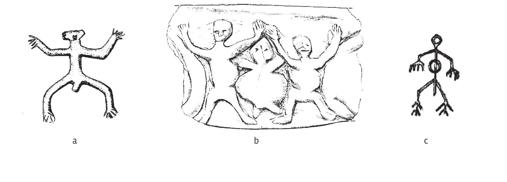 FIGURE 3. Depictions of dancers with accentuated finger depictions, with dif- ferent positions of the upper limbs, southeast Europe and Near East (adapt- ed by I. Turdin):  a. Ein el Jarba (Garfinkel 2003, 157, Fig. 8.29: b; after Kaplan 1969, Fig. 7:1 a-b); b. Nevali Cori (Garfinkel 2003, 113; Fig. 7.3: a; after Hauptmann 1993, Fig. 27);  c. Nova Ves (Garfinkel 2003, 213, Fig. 10.9: b; after Muller-Karpe 1968, PI. 200: E2).  SLIKA 3. Prikazi plesa¢a s naglaSenim prikazom prstiju uz razne polozaje ruku, jugoistocna Europai Bliski istok (obradila |. Turcin):  a. Ein el Jarba (Garfinkel 2003, 157, sl. 8.29: b; prema Kaplan 1969, sl. 7: 1 a-b);  b. Nevali Cori (Garfinkel 2003, 113, sl. 7.3: a; prema Hauptmann 1993, sl. 27);  c. Nova Ves (Garfinkel 2003, 213, sl. 10.9: b; prema Miller-Karpe 1968, T. 200: E2). 