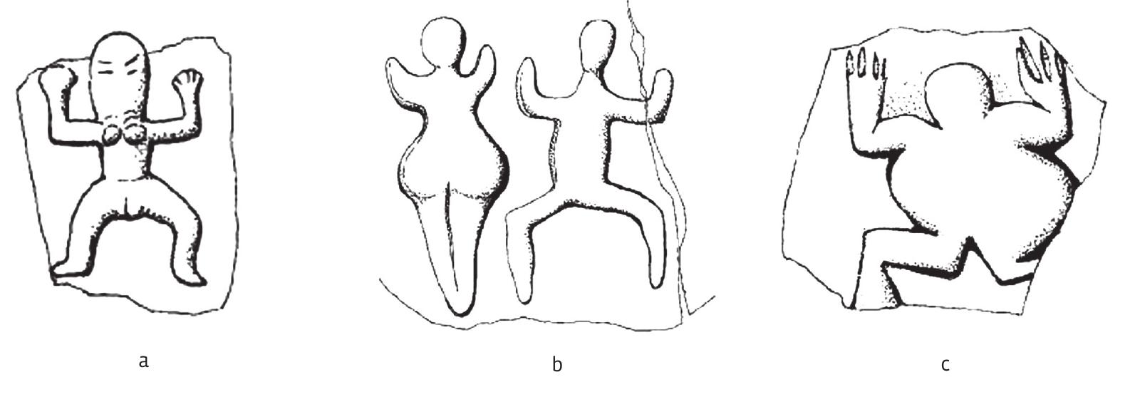 FIGURE 5. Depictions of dancers with upper limbs raised horizontally at shoul- der level, and bent from the elbow upwards at aright angle, southeast Europe and Near East (adapted by I. Turcin):  a. Sarvas (Garfinkel 2003, 214, Fig. 10.10: c; after Miller-Karpe 1968, PI. 143: 1); b. Dumesti (Garfinkel 2003, 207, Fig. 10.3: a; after Maxim-Alaiba 1987, Fig. 13);  c. Kurucay Hoyiik (Garfinkel 2003, 122, Fig. 7.9: a; after Duru 1980, Fig. 44: 4).  SLIKA 5. Prikazi plesaca s rukama podignutima horizontalno na razini ramena savijenima pod pravim kutom u laktu prema gore, jugoisto¢na Europa i Bliski istok (obradila |. Turéin):  a. Sarvas (Garfinkel 2003, 214, sl. 10.10: c; prema Miller-Karpe 1968, T. 143: 1);  b. Dumesti (Garfinkel 2003, 207, sl. 10.3: a; prema Maxim-Alaiba 1987, sl. 13);  c. Kurucay Hoyiik (Garfinkel 2003, 122, sl. 7.9: a; prema Duru 1980, sl. 44: 4).  TOUTIY PId Te WOUITG TAKE THIOLE SCHSe”  The anthropomorphic figure proportionally fills most of the plane in the middle of which it is incised, and is positioned with- in the engraved circle that follows the edge of the base of the vessel. The trunk is depicted in the so-called hourglass form.” The head, the neck and the extremities are depicted with single lines: the head is a small circle (or more accurately, a large dot) from which the long line of the neck comes down vertically, fol- lowing the same vertical line which makes the central axis of the hourglass, that is the trunk. The upper horizontal line of the hourglass does not only constitute the borderline of the trunk, but also helps form the upper extremities. It is extended by two short horizontal lines protruding out of the borders of the hour- glass on both sides, continued by short vertical lines streaming upwards, ending approximately in the same plane as the joint between the neck and the head. Those vertical lines end with three short, radially arranged lines. Such composition of the up- per extremities represents arms raised horizontally at shoulder evel and bent rectangularly upward at the elbow, with widely spread fingers. The lower extremities - legs - are depicted as two parallel vertical lines descending from the lower horizontal bor- derline of the hourglass, with two short diagonal lines at their ower ends depicting the feet. Four perpendicular short lines on the left, and three short perpendicular lines on the right lateral arm of the lower triangle of the hourglass can be observed. Simi- ar but less visible elements are arguably noticeable in some are- as of the upper half of the hourglass, and on the lines of the arms.  