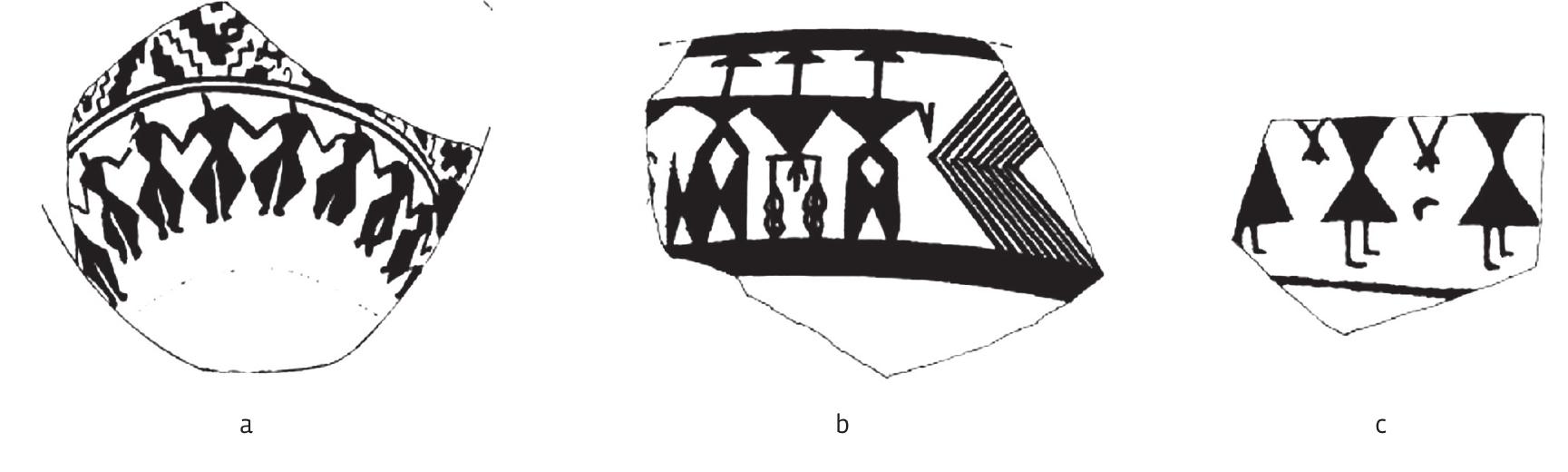 SLIKA 6. Prikazi plesaca s ravnim paralelnim nogama, bliskoistoéna slikana ke- ramika (obradila |. Tur¢éin):  a. Chiga Sabz (Garfinkel 2003, 182, sl. 9.19: a; prema Schmidt, Van Loon, Curvers 1989, T. 67: a),  b. Choga Mami (Garfinkel 2003, 176, sl. 9.15: b; prema Oates 1963, T. 31: b);  c. Regija Surab (Garfinkel 2003, 182, sl. 9.19: e; prema Dani 1988, sl. 11).  FIGURE 6. Depictions of dancers with straight parallel legs, Near Eastern paint- ed pottery (adapted by I. Tur¢in):  a. Chiga Sabz (Garfinkel 2003, 182, Fig. 9.19: a; after Schmidt, Van Loon, Curvers 1989, Pl. 67: a);  b. Choga Mami (Garfinkel 2003, 176, Fig. 9.15: b; after Oates 1969, Pl. 31: b);  c. Surab region (Garfinkel 2003, 182, Fig. 9.19: e; after Dani 1988, Fig. 11). 