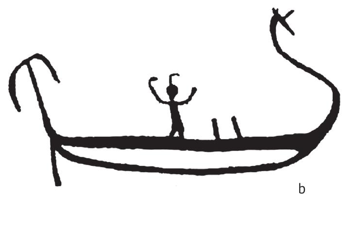 FIGURE 7. Dancers on boats - rock drawings, Egypt (adapted by I. Tur¢in): a. Qena-Qoser (Garfinkel 2003, 264, Fig. 11.24: h; after Winkler 1938, Fig. 36: 42); b. Wadi Gash (Garfinkel 2003, 264, Fig. 11.24: i; after Winkler 1938, Fig. 35: 31).  However, the presumed Vucedol dancer is alone. As a central fig: ure, it fills a completely defined surface, and there are no indi- cations that there were other figures placed somewhere else on the vessel. Nevertheless, even though prehistoric depictions of single dancers are scarce compared to the depictions of multiple dancing figures, they undoubtedly exist: for example, depictions 