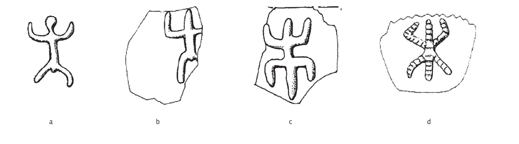 FIGURE 9. Anthropomorphic depictions with different levels of abstraction- pottery, southeast Europe and Near East (adapted by I. Tur¢cin):  a. Tel Azmak (Garfinkel 2003, 217, Fig. 10.13: e; after Raduncheva 1973, Fig. 64);  b. Arukhlo (Garfinkel 2003, 158, Fig. 8.30: e; after Chataigner 1995, Pl. 33: 13);  c. Trusesti (Garfinkel 2003, 215, Fig. 10.11: e; after Nitu 1967, Fig. 1:1);  d. HolaSovice (Garfinkel 2003, 215, Fig. 10.11: c; after Gimbutas 1982, Fig. 144).  SLIKA 9. Antropomorfni prikazi raznih stupnjeva apstrakcije - keramika, jugo sto¢na Europa i Bliski istok (obradila I. Turcin):  a. Tel Azmak (Garfinkel 2003, 217, sl. 10.13: e; prema Raduncheva 1973, sl. 64);  b. Arukhlo (Garfinkel 2003, 158, sl. 8.30: e; prema Chataigner 1995, T. 33: 13);  c. Trusesti (Garfinkel 2003, 215, sl. 10.11: e; prema Nitu 1967, sl. 1: 1);  d. HolaSovice (Garfinkel 2003, 215, sl. 10.11: c; prema Gimbutas 1982, sl. 144). 