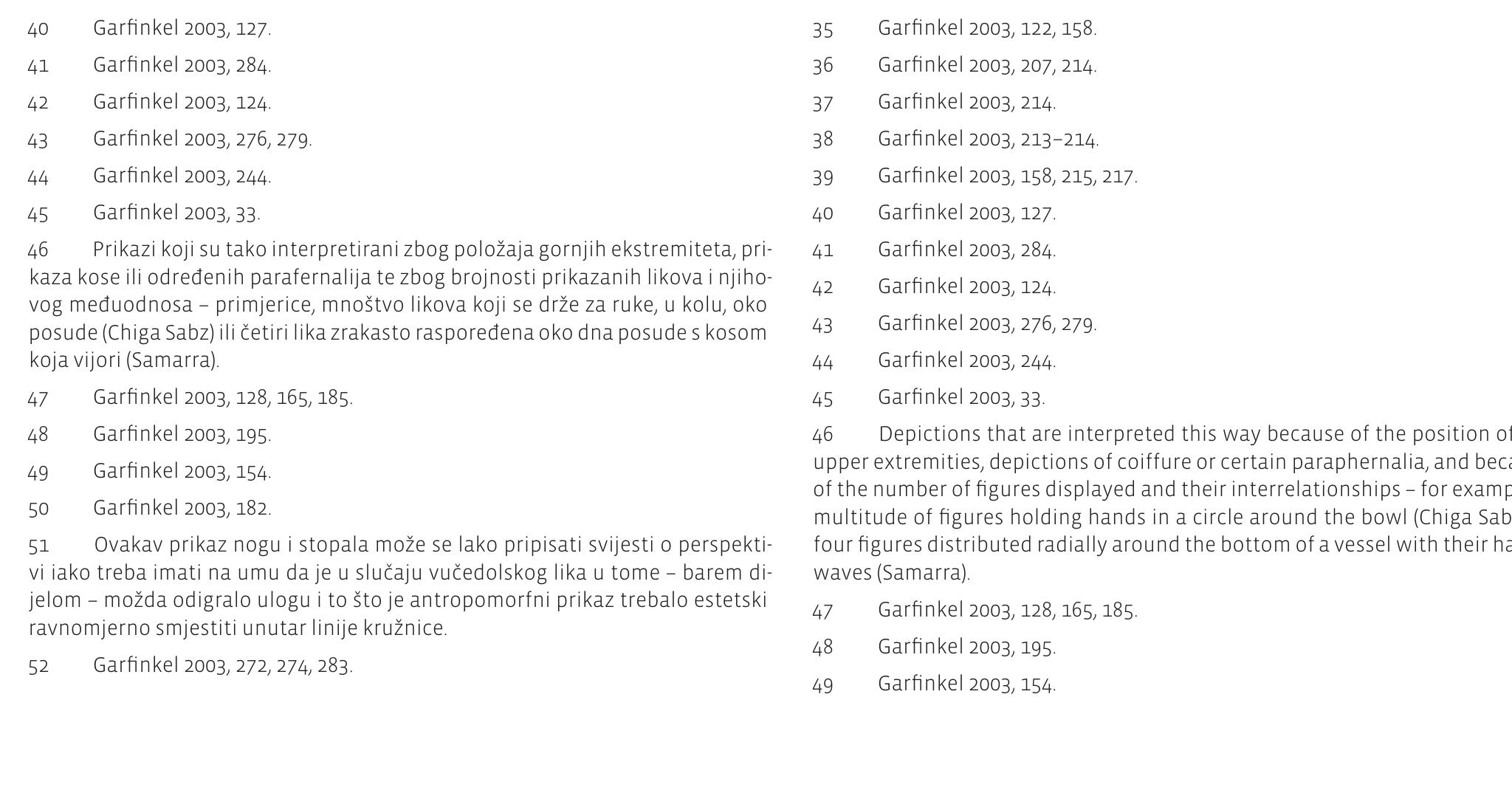 The Vucedol depiction suggests straight parallel legs in a stand- ing position. According to the classification of Y. Garfinkel, this position is the second-most frequent, as it is found on about 15% of the material researched (type a),“° which points towards the fact that there are numerous examples of dance depictions in which the dancer’s legs are shown in this position.“° For example, on painted pottery from the sites of Samarra, Khazineh (Fig. 2: a), and Chiga Sabz (Fig. 6: a), in the Near East, groups of human figures - dancers - are depicted with straight parallel legs and symmetrically spread feet,’7 and on one bowl from theTal-i Ba- kunA site thereis asingle dancer depicted in the same position. A line of figures with legs in the same position, but without the indicated feet, is found on a single fragment (Fig. 6: b) from the site of Choga Mami.? On the finds from Khazineh and Chiga Sabz, the figures are holding hands and are arranged in a circle circumferencing the body of the vessel. Perhaps the most inter-  Vucedolskl prikaz Implicira paralelno ispruzene noge u stajacem stavu. Prema klasifikaciji Y. Garfinkela, navedeni je polozaj drugi po redu ucestalosti i nalazi se na oko 15 % istrazene grade (tip a),“5 iz Cega slijedi da su brojni primjeri plesnih prikaza na kojima su noge plesa¢ca prikazane u ovom polozaju.“* Primjerice, na sli- kanoj keramici s bliskoistoénih nalazista Samarra, Khazineh (sl. 2: a) i Chiga Sabz (sl. 6: a) skupine Ijudskih likova prikazane su s ravnim, paralelnim nogama i simetriéno rasirenim stopalima,’” a na jednoj posudi s nalazista Tal-i Bakun A u istom je polozaju prikazan samo jedan plesa¢.* Niz likova s nogama u istom polo- Zaju, ali bez nazna¢cenih stopala, nalazi se inajednom ulomku (sl. 6: b) s nalazista Choga Mami.“® Na nalazima iz Khazineha i Chiga Sabza likovi se drze za ruke i rasporedeni su u kolo, duz opsega  nih ulomaka iz zapadnog Pakistana - nalazi$ta Mehrgarh i regija Surab,°° na kojima je vidljiv niz plesaca koji se drze za ruke, ravnih nogu, a tijelo im je takoder izvedeno u formi klepsidre. Dodatna paralela vucedolskom prikazu nalazi se na prikazu iz Suraba (sI.6: c), na kojem su takoder naglasena stopala okrenuta ulijevo, a cje- okupni je prikaz nogu izveden, kao i u sluéaju vucedolskog lika, s naznakom perspektive (jedna je noga prikazana kra¢a). Jedina je razlika to Sto su na spomenutom prikazu stopala u odnosu na nogu polozena pod pravim kutom, dok su u slucaju vucedolskog ika blago dijagonalna.* Paralele za ovakav prikaz nogu i stopala u odredenoj se mjeri nalaze i na nalazima poput pecata iz Tepe  Giyana (sl. 2: d) i Telul et Thalathata te kamene ploce iz Megdida  