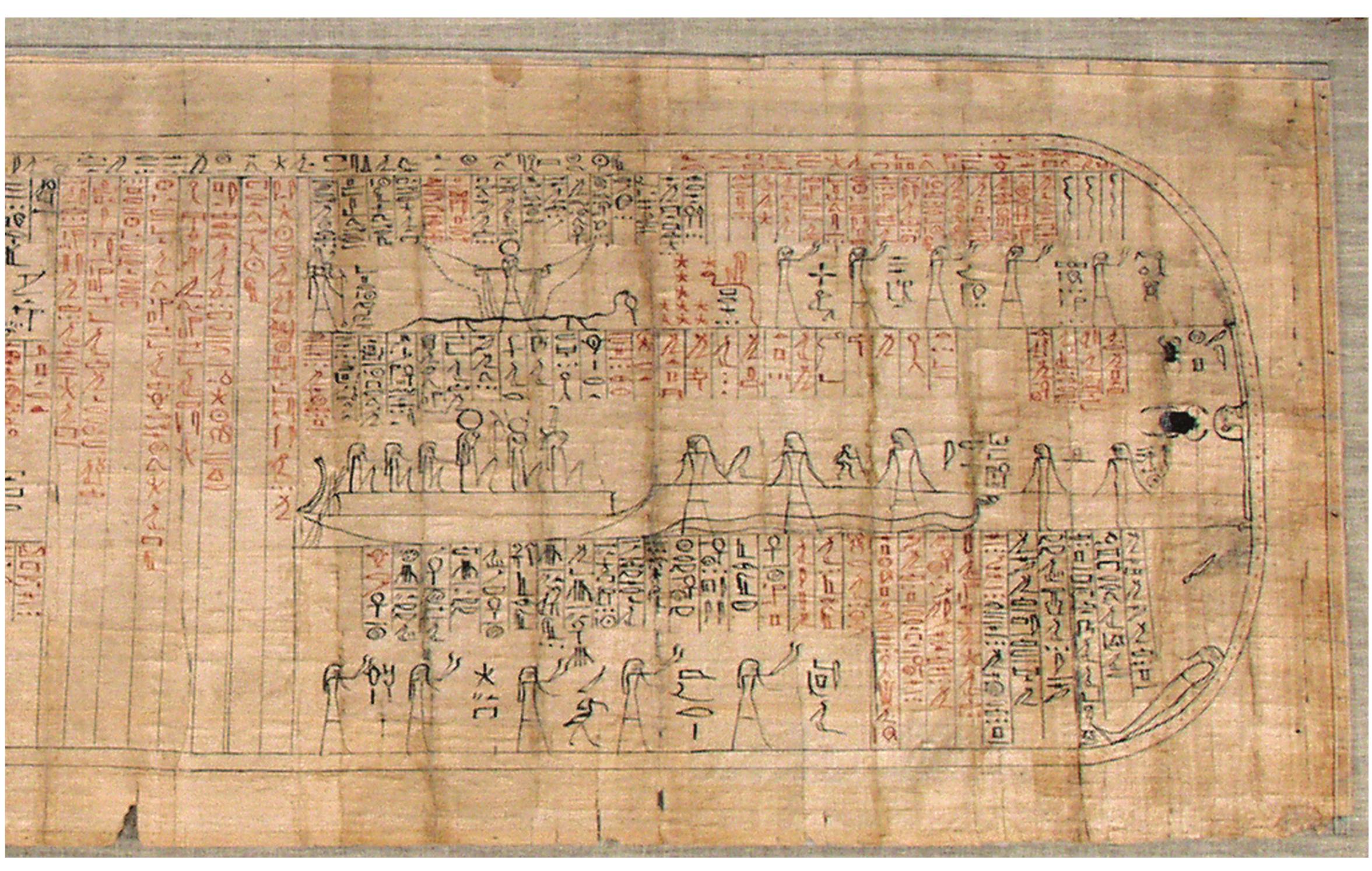 hours is depicted and symbolised with the Sun in the form of a scarab elevating in the morning sky. The cartouche line seems to represent the sky. The text is placed in horizontal and vertical squares. The papyrus was mentioned by A. Niwinski? and dated?® to 21°t or 22" Dynasty. If correct, this may mean that Papyrus Zagreb E-605 preserves one of the earlier versions of the Amduat on papyrus.  the image of the deceased and its magical role i passing through the levels of Duat with the hel According to the text, the image was placed in the  n successfully p of the gods. “hidden cham-  ber.” Through magic, rituals and utterances, the image of the de-  ceased becomes able to unite with Re on his own  journey to the  horizon. Magical means, which implies knowledge of the names of the gods, are required of the soul. The horizontal text placed  on the uppermost part of the papyrus states: “[l  ] their names  are known [he shall] travel and pass through Duat [and he shall]  not be turned back from flying up before Re.” 